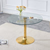 A 42-inch diameter glass top and a modern, minimalist round dining table with gold metal legs. Ideal for dining rooms, living rooms and meeting rooms. Model: DT-1166