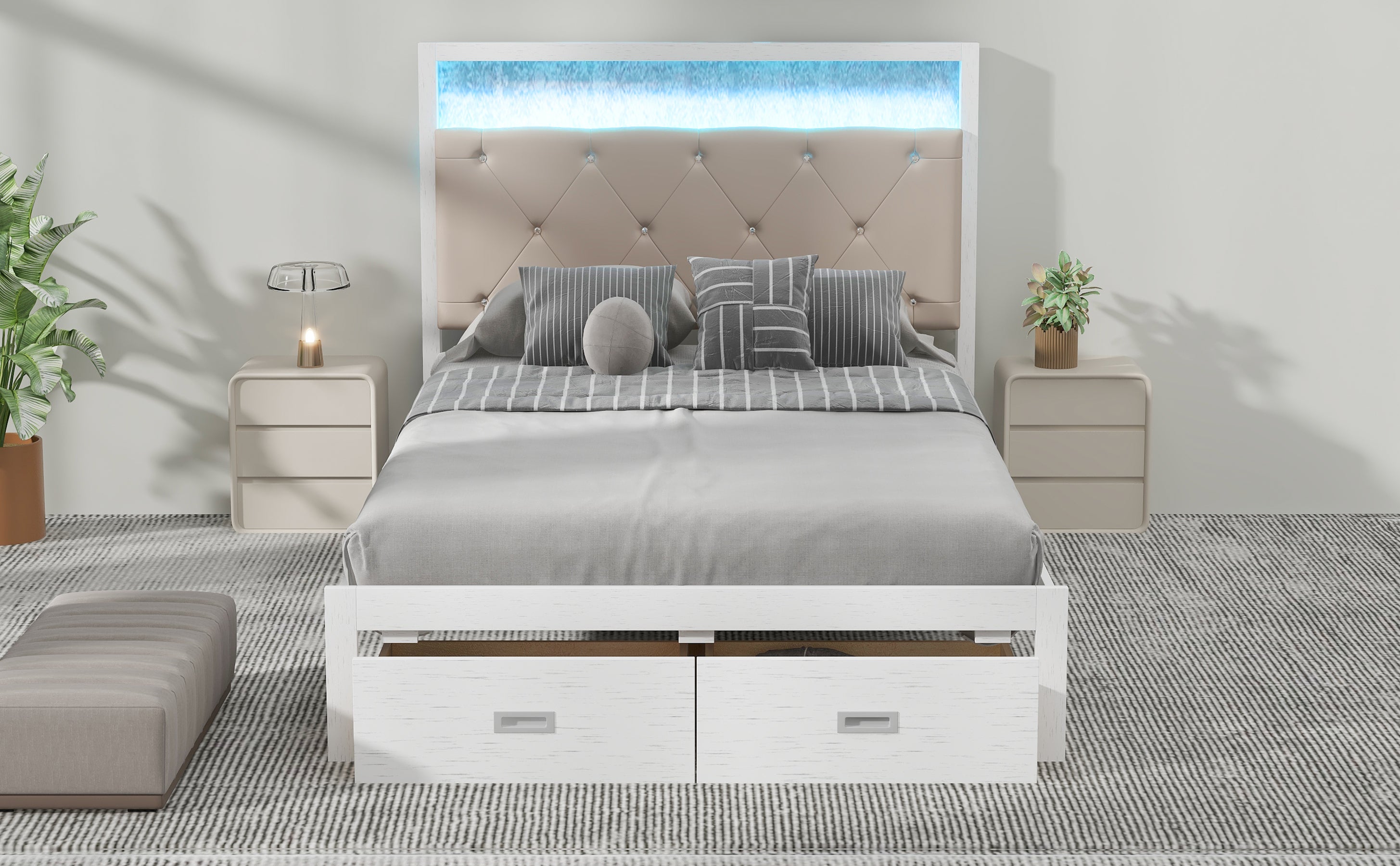 Wood Full Size Platform Bed with Upholstered Headboard and LED and 2 Drawers, Antique White