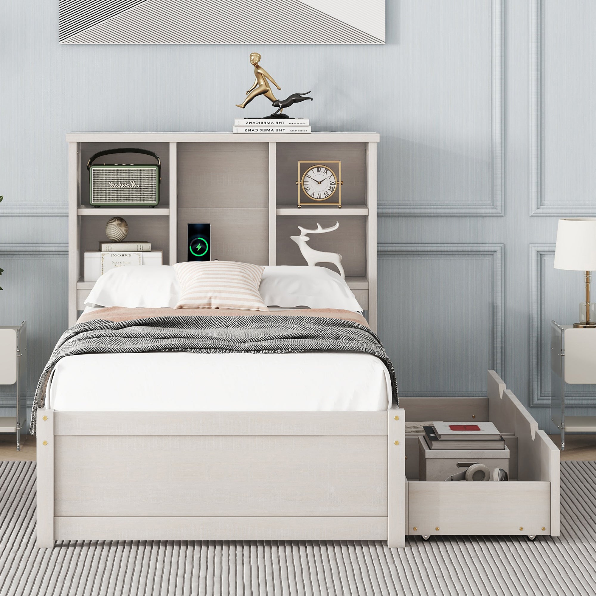 Modern Twin Size Bed Frame With Built-in USB Port on Bookcase Headboard and 2 Drawers for White Washed Color