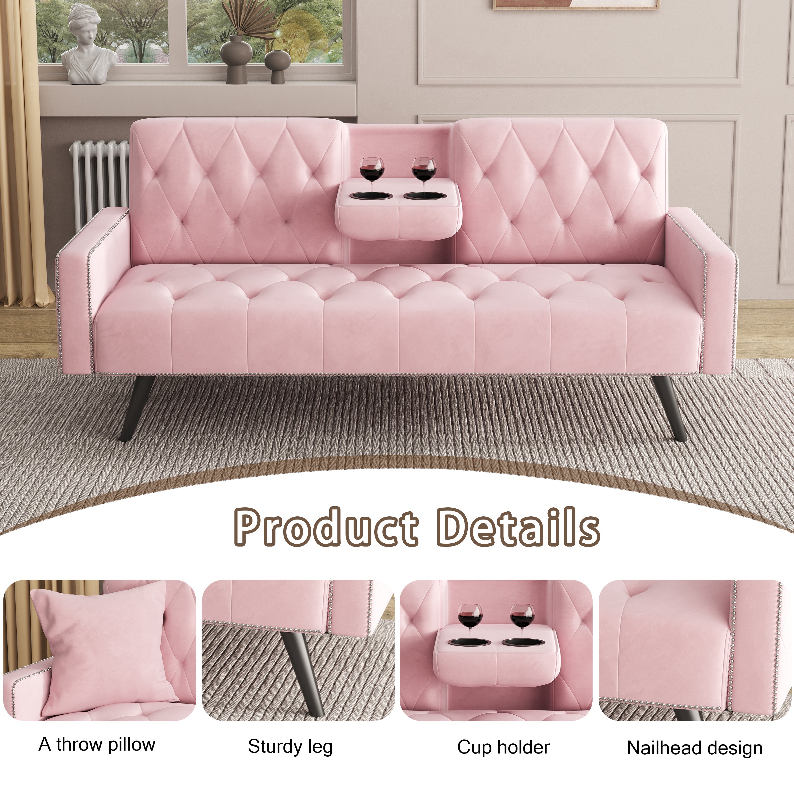 1730 Sofa Bed Armrest with Nail Head Trim with Two Cup Holders 72" Pink Velvet Sofa for Small Spaces