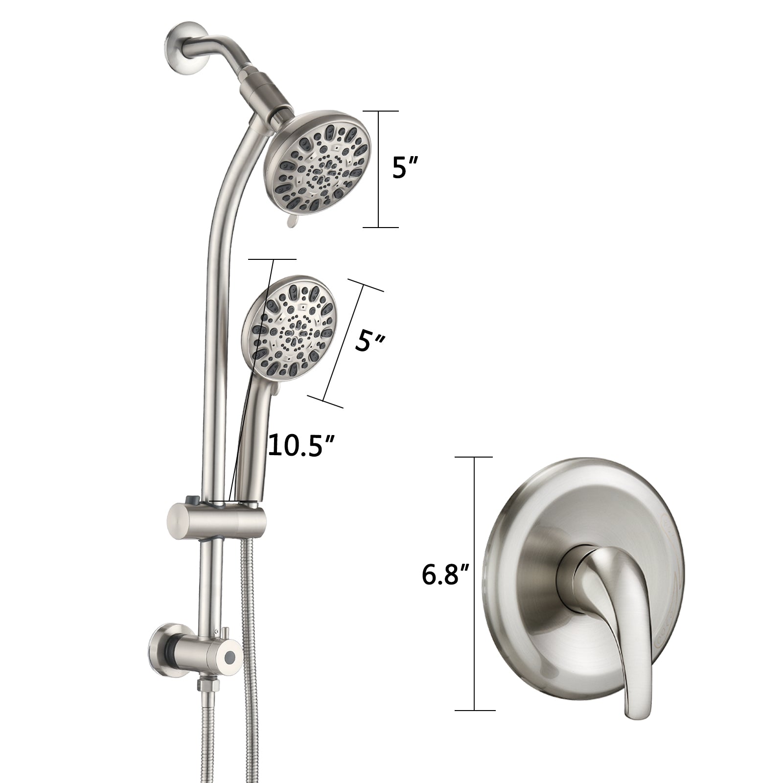 Drill-Free Stainless Steel Slide Bar Combo Rain Showerhead 7-Setting Hand, Dual Shower Head Spa System (Rough-in Valve Included)