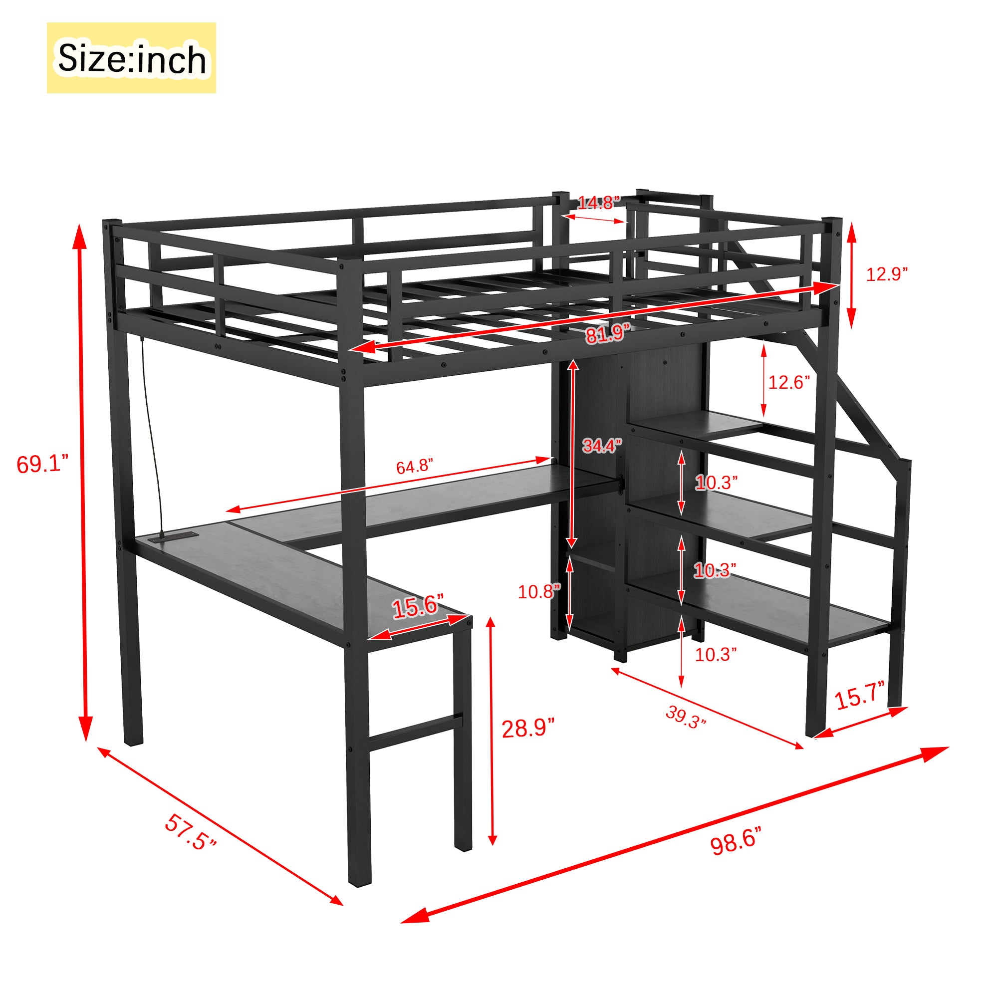 Full XL Size Loft Bed with L-shaped Desk and USB, Metal Loft Bed with Wardrobe and Adjustable Shelf, High Loft Bed with LED for Kids Teens Adults, Black(Expect Arrive 2024/10/10)