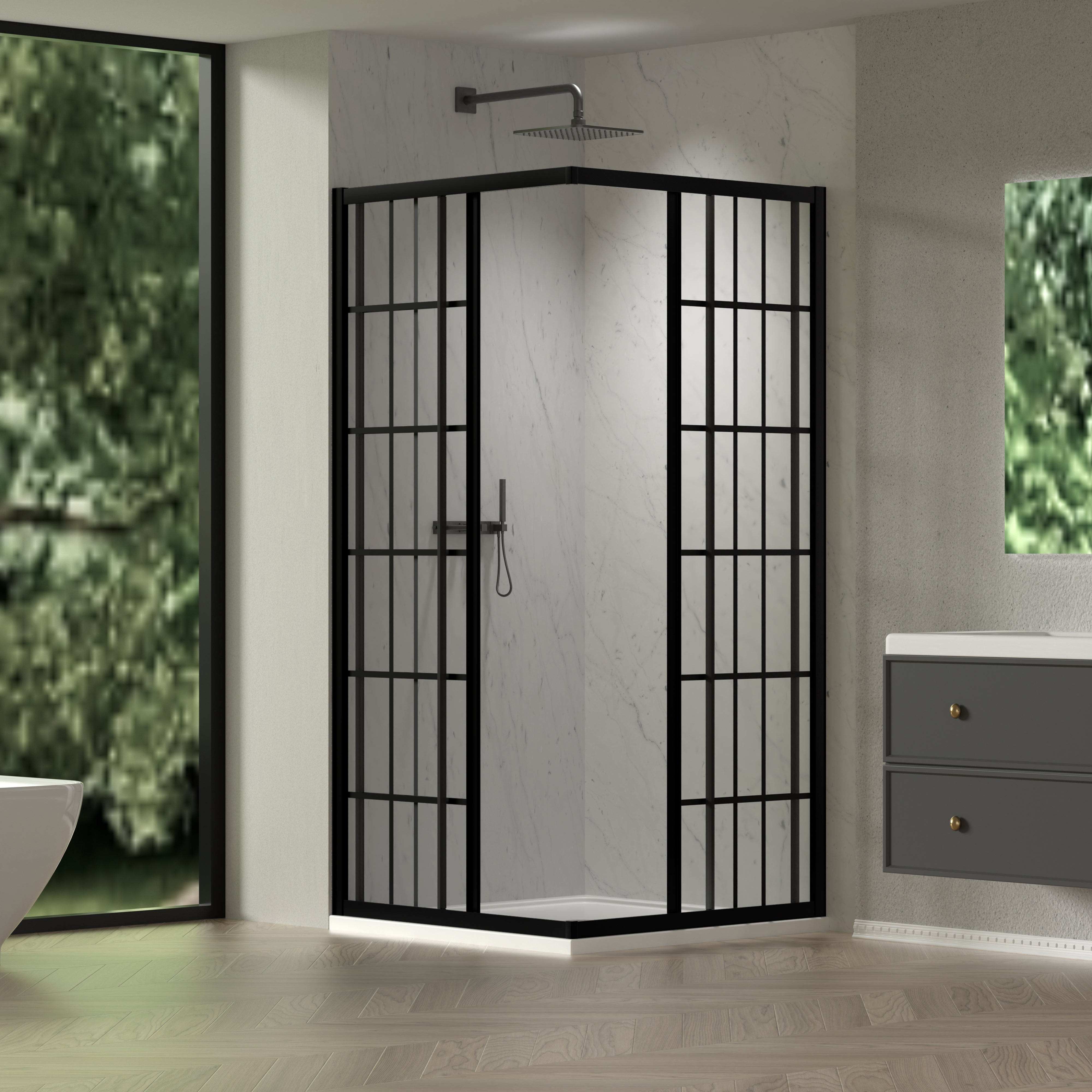 34.625 x 72 in Black-Line Framed Sliding Shower Door - 34.625 x 72 in / Matte Black / Black-Line Glass view 3