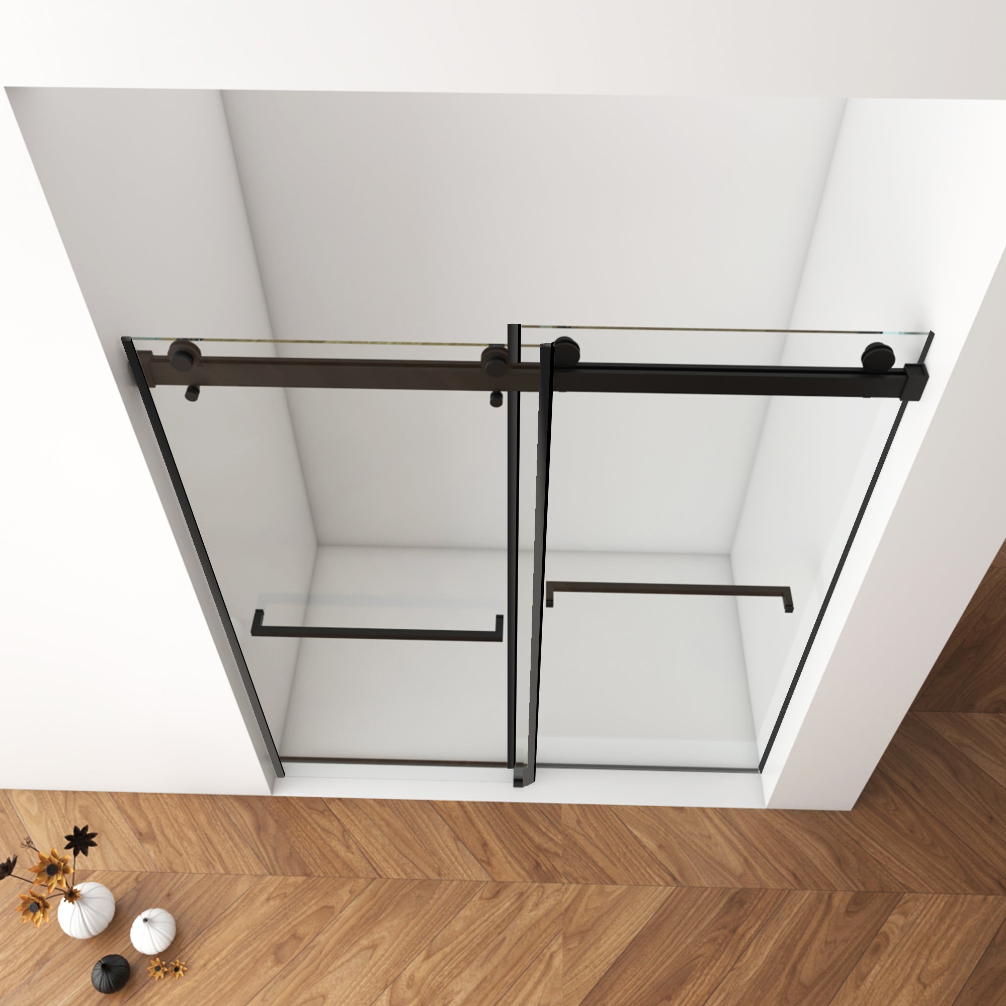 56"-60"W x 76"H Frameless Shower Door, Double Sliding Shower Door, 3/8'' (10mm) Clear Tempered Glass Shower Enclosure with Square Rail,Double Side Easy Clean Coat,Matte Black Finished With Buffer