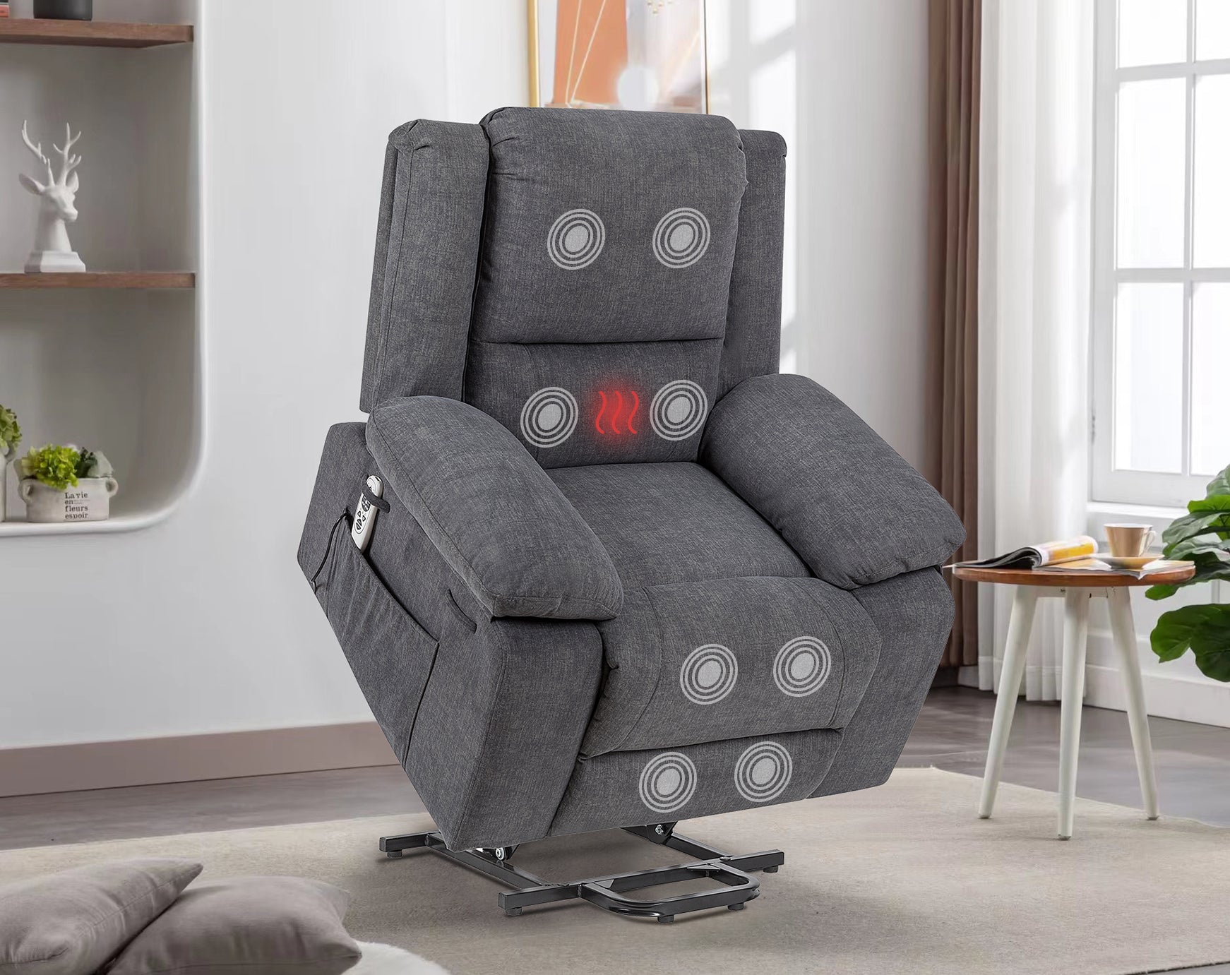 Electric Power Recliner Chair With Massage For Elderly ,Remote Control Multi-function Lifting, Timing, Cushion Heating Chair With Side Pocket Dark Grey