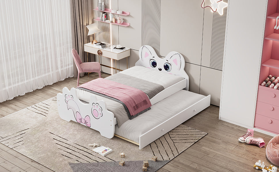 Cartoon Twin Size Platform Bed with Trundle, White