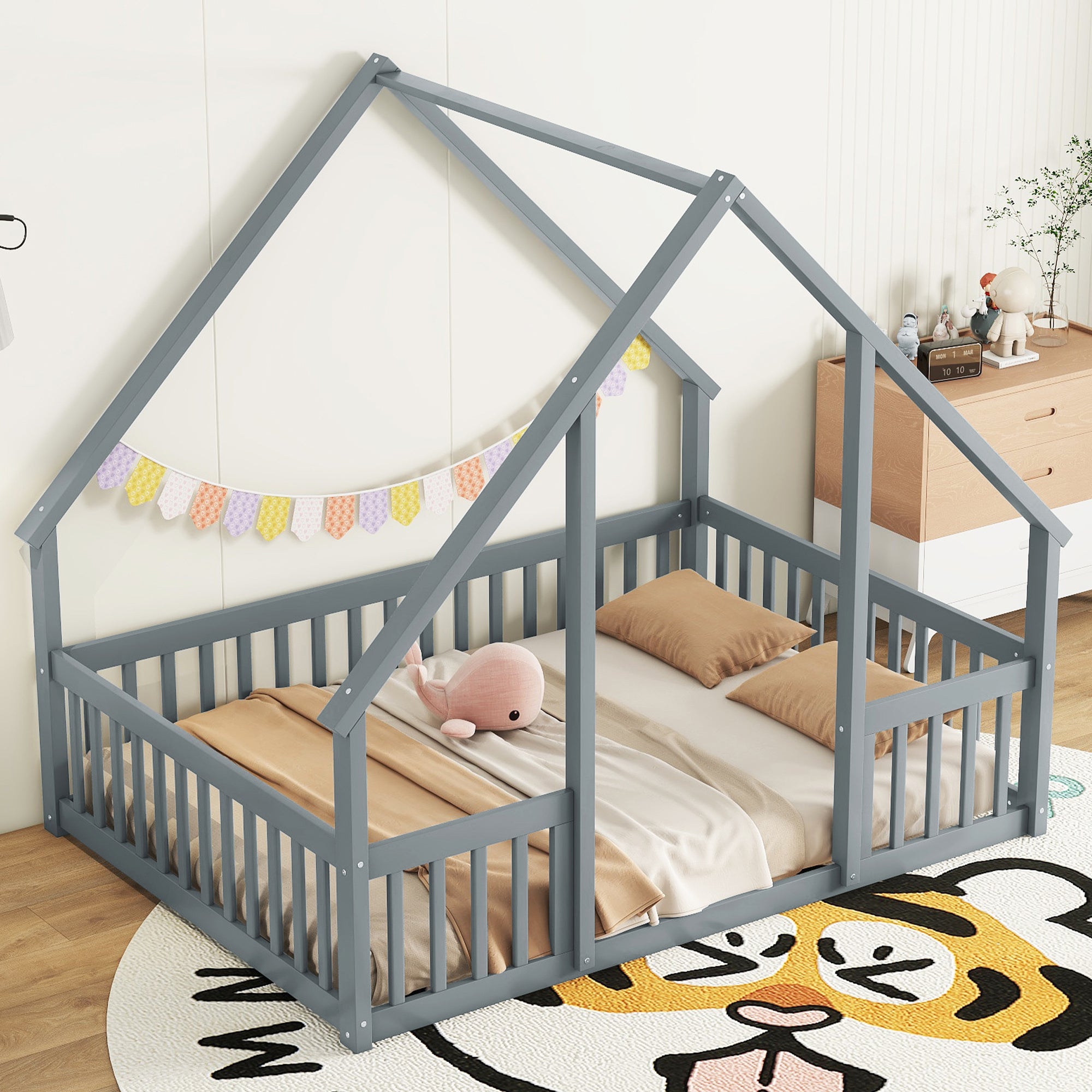 Full Wood House-Shaped Floor Bed with Fence, Guardrails,Grey