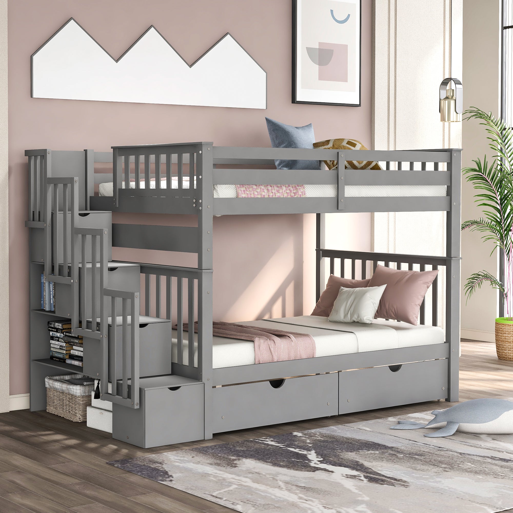 Full Over Full Bunk Bed with Shelves and 6 Storage Drawers, Gray(Old SKU:LP000046AAE)