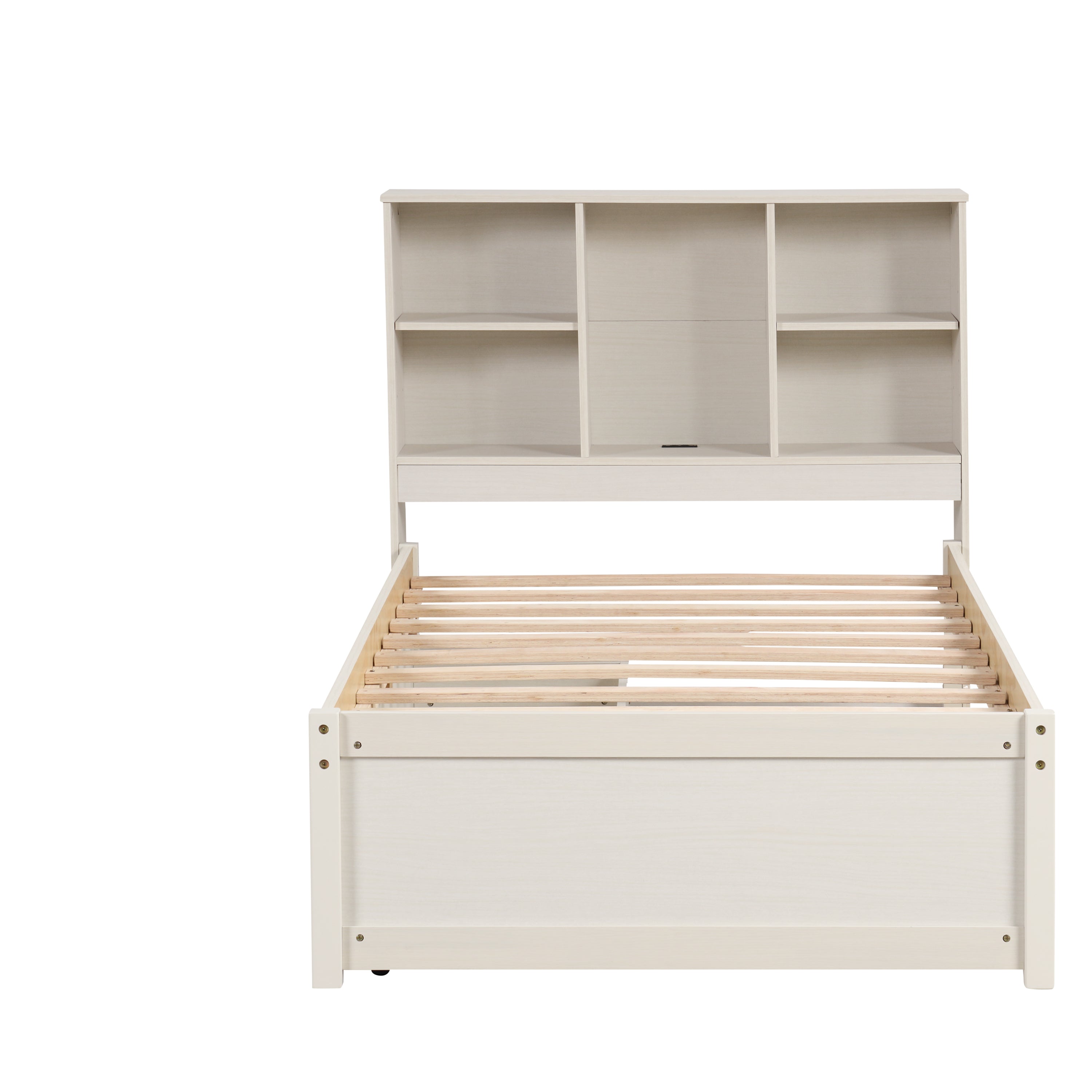 Modern Twin Size Bed Frame With Built-in USB Port on Bookcase Headboard and 2 Drawers for White Washed Color