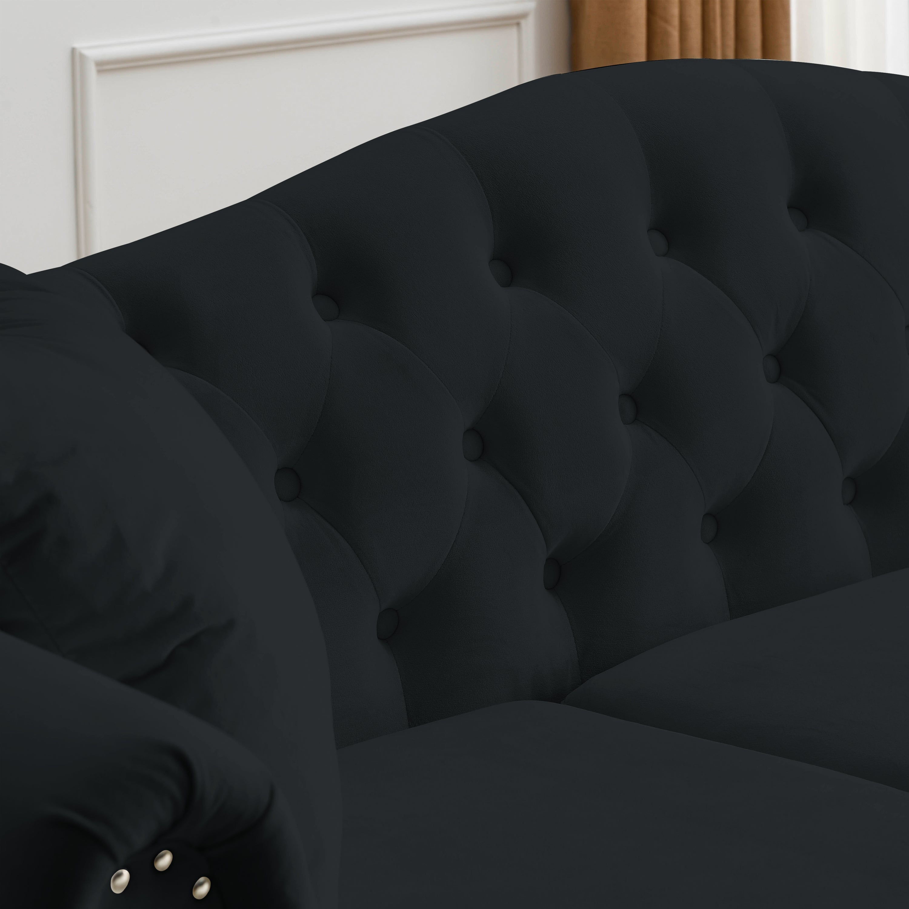 57" Chesterfield Sofa Black Velvet for Living Room, 2 Seater Sofa Tufted Couch with Rolled Arms and Nailhead for Living Room, Bedroom, Office, Apartment, two pillows