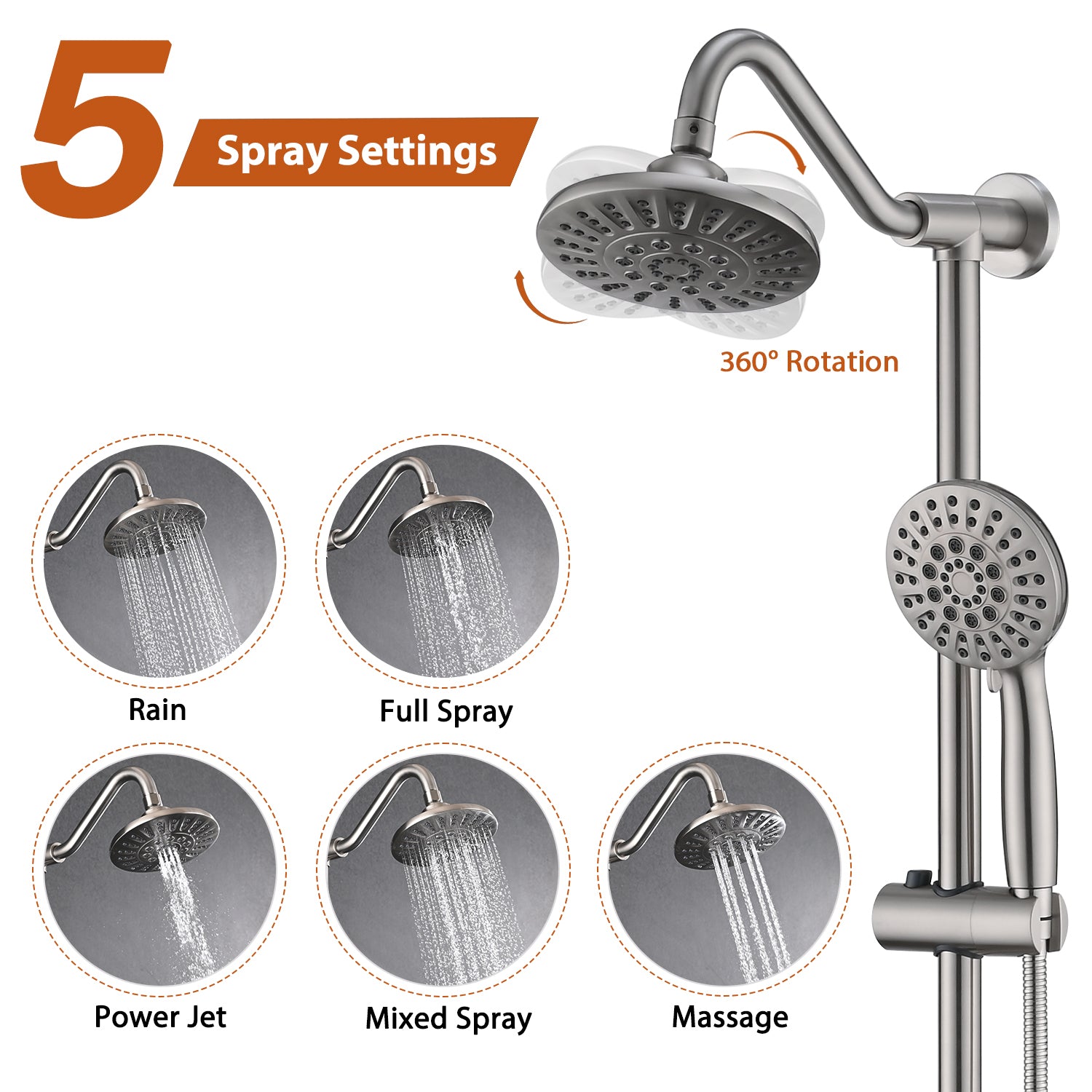 Brushed Nickel 6 Inch Rain Shower Head with Handheld Shower Head Bathroom Rain Shower System