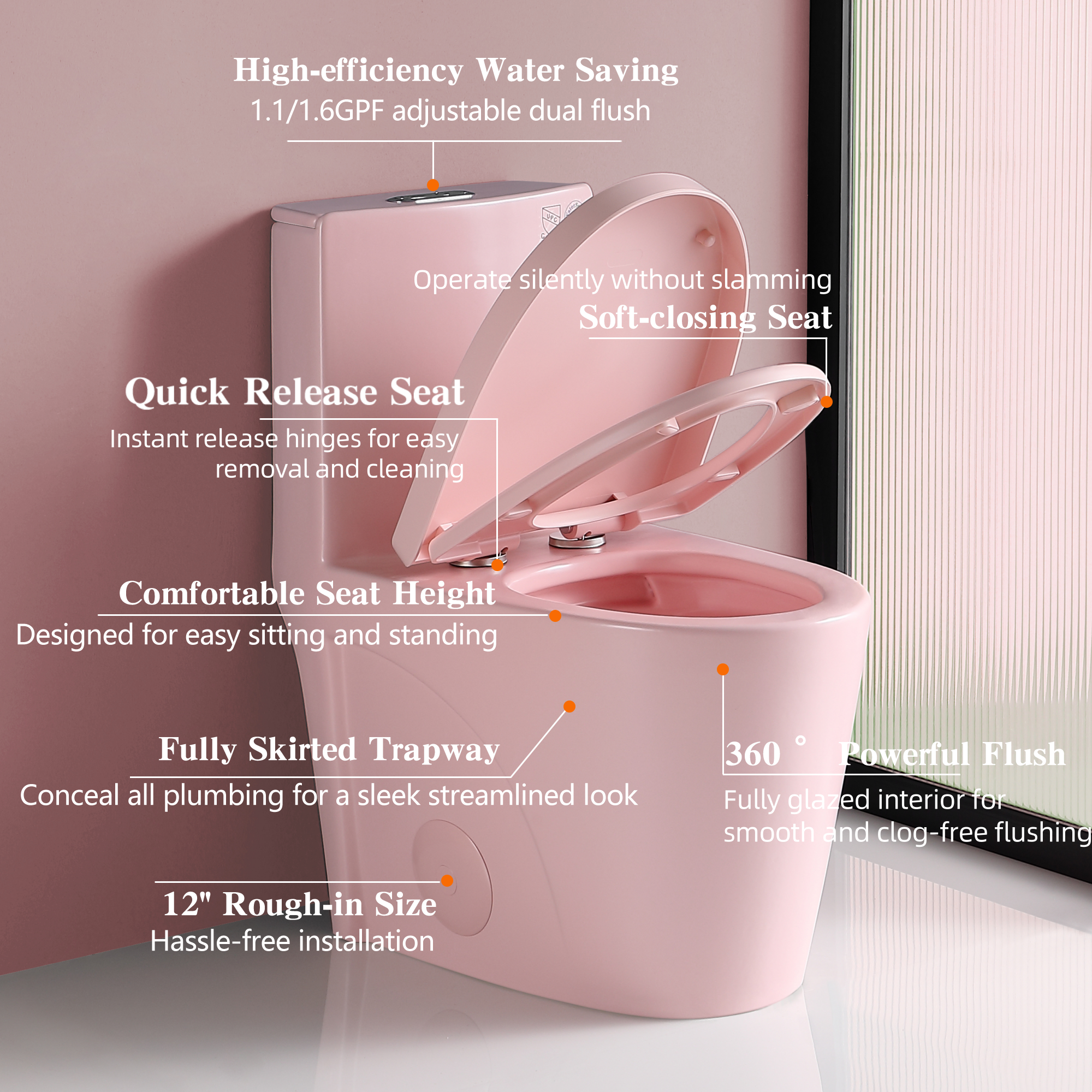 1.1/1.60 GPF Dual-Flush One Piece Toilet, Water-Saving Elongated Comfort Height Floor Mounted, Soft Close 1000 Gram Map Flushing Score Toilet, Rose 23T01-RS