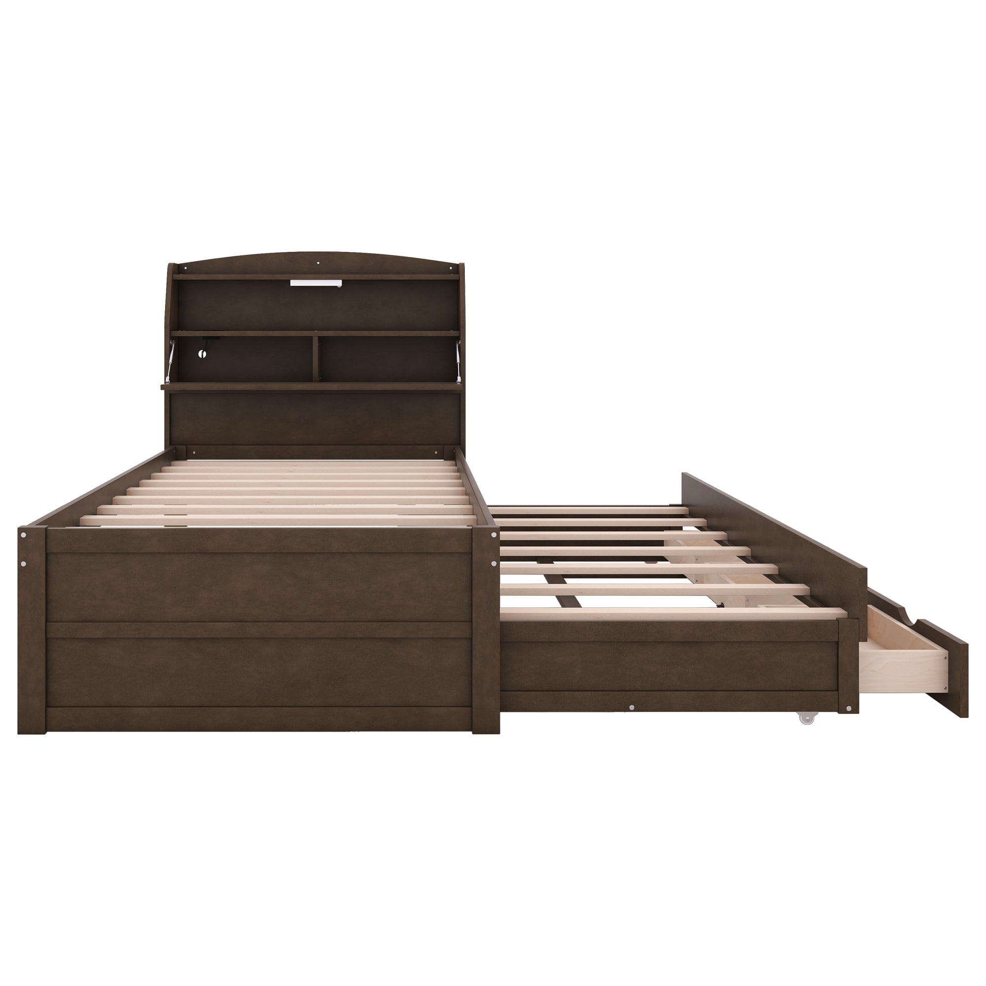 Twin Size Wooden LED Platform Bed with Trundle, with Storage Headboard, with Drawers, Brown