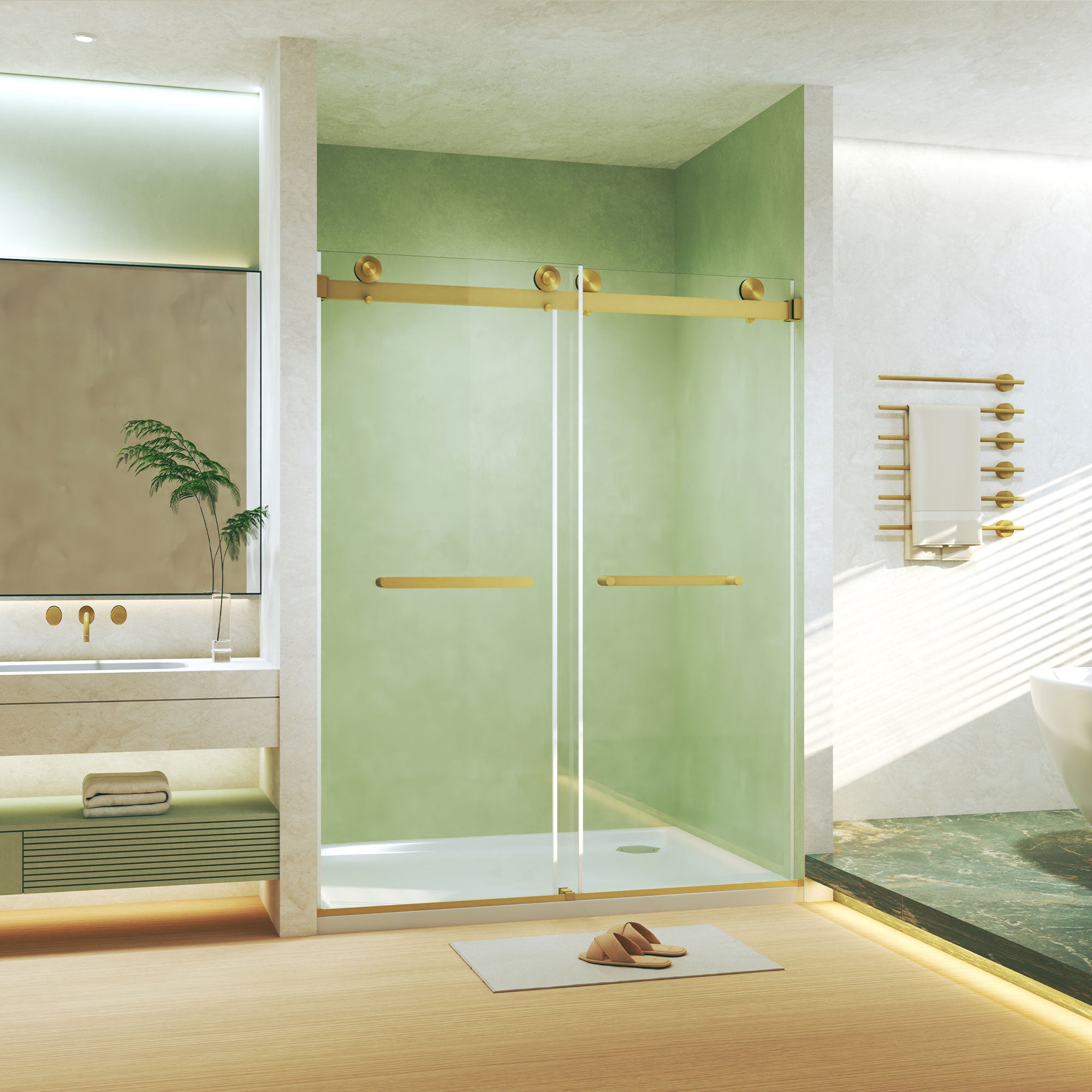 56-60 x 74 in Frameless Double Sliding Square-Tube Shower Door - 56-60 x 74 in / Brushed Gold / Square Tube view 2