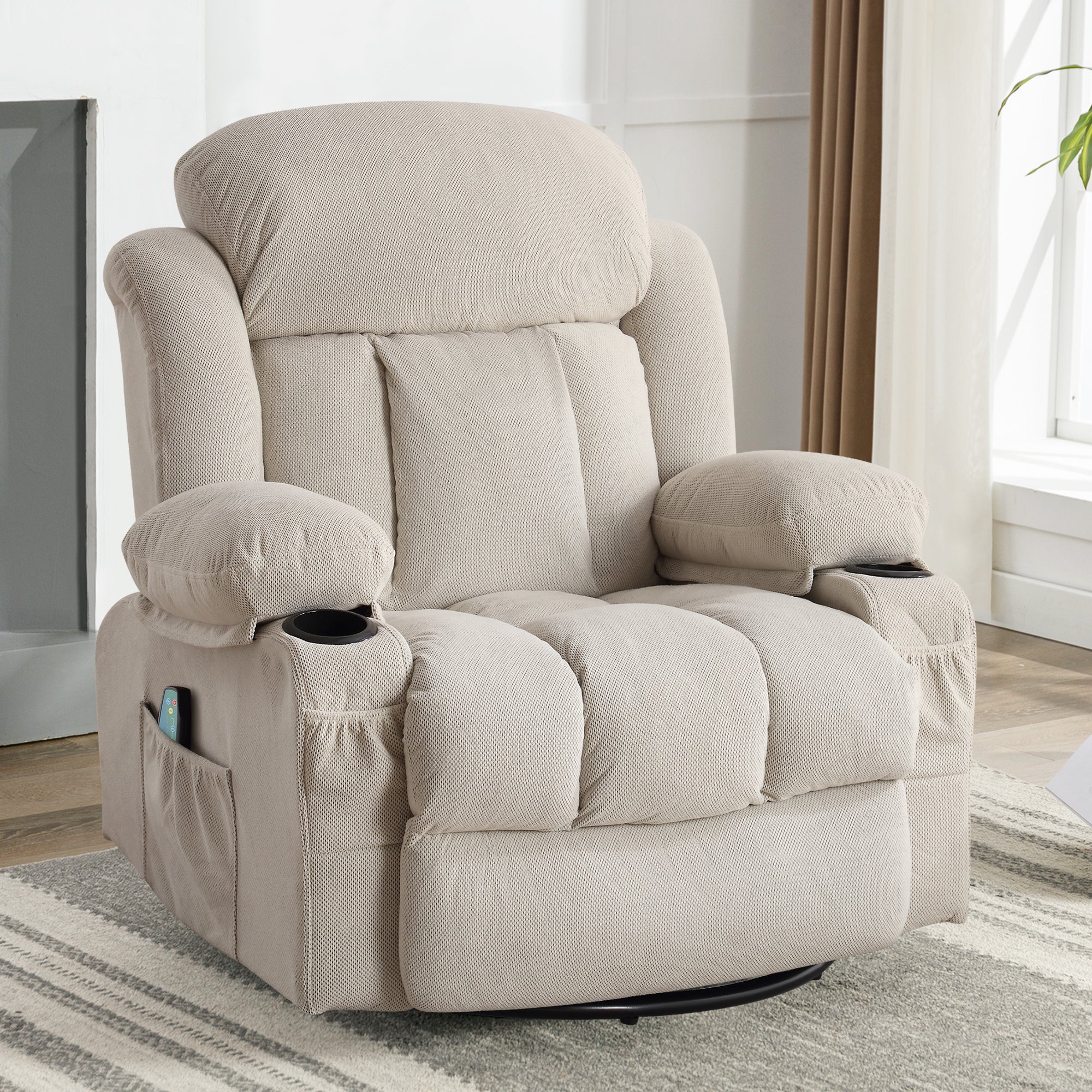 Swinging recliner massage heated sofa, with USB and 2 cup holders in side pockets, PackageA+B (BEIGE )