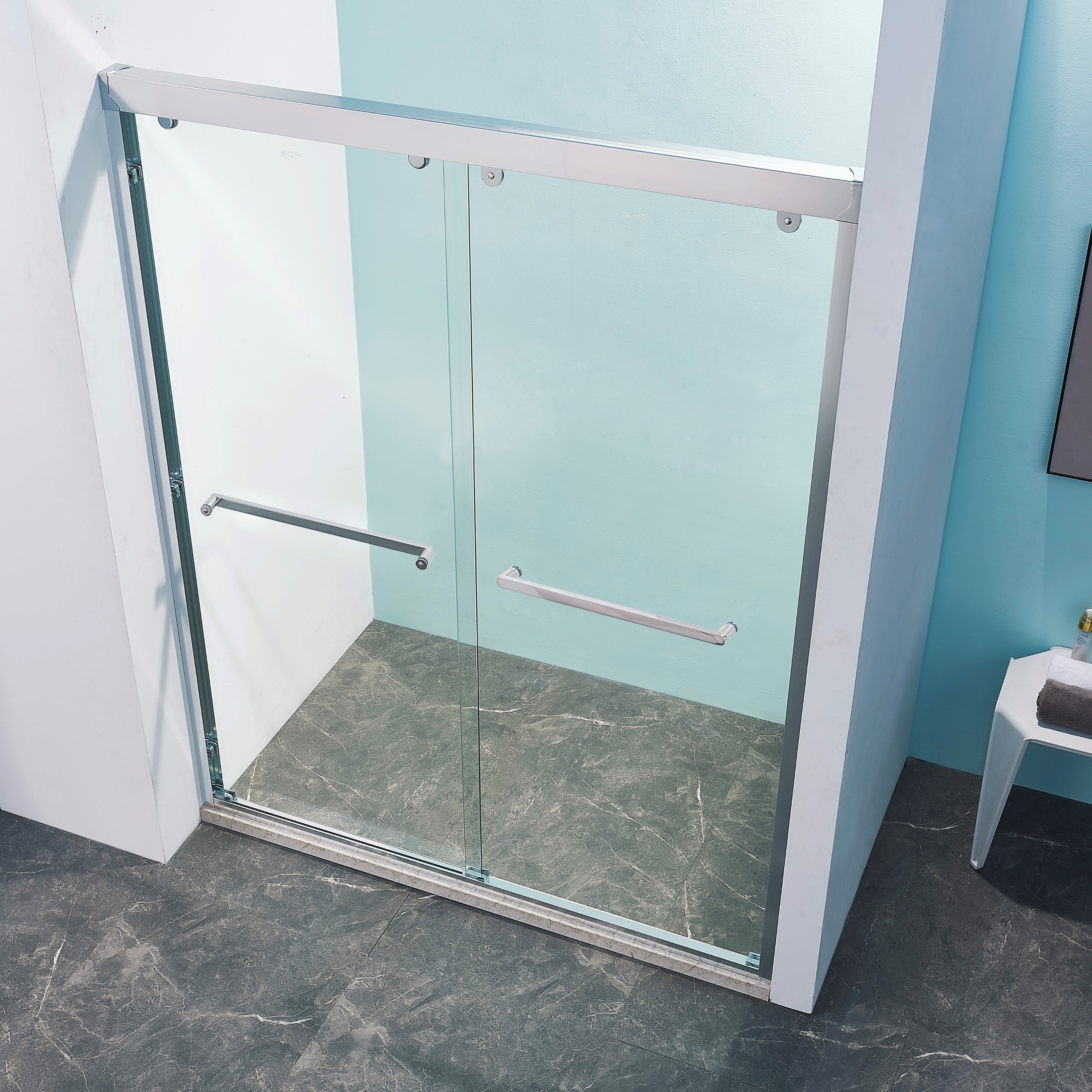 56-60"W x 76"H Double Sliding Shower Door, Aluminium Alloy Frame in Chrome, 5/16" (8mm) Thick SGCC Tempered Clear Glass.