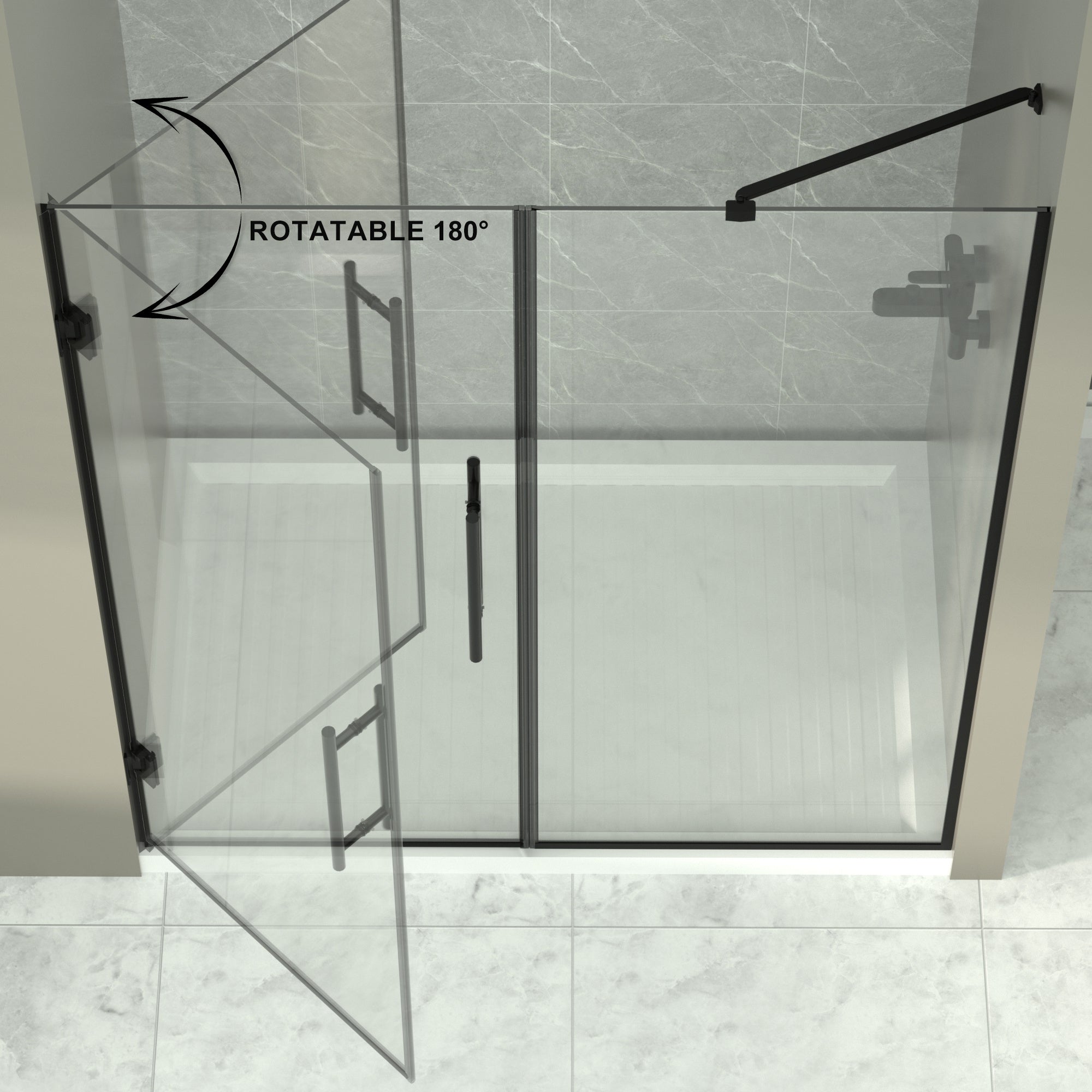 58-58"W x 71"H Semi-Frameless Double Hinges Shower Door in Matte Black,Tempered Glass,Reversible Installation