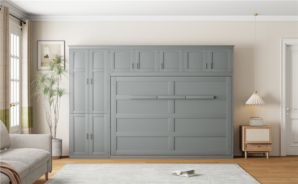 Queen Size Murphy Bed Wall Bed with Cabinets,Gray