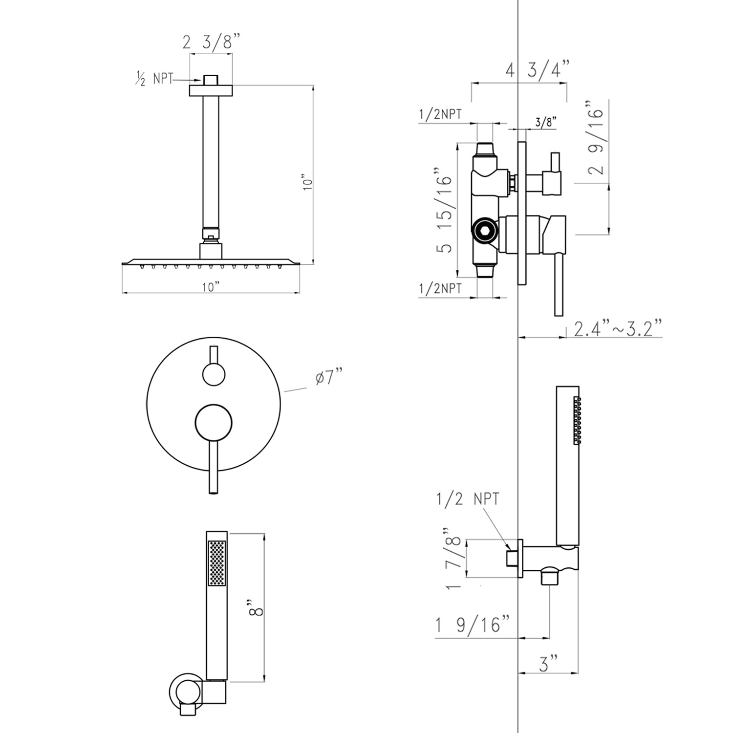 Ceiling Mount Round Shower Combo Set with 10" Rain Shower head and Handheld Shower Head Set with Pressure Balancing Valve