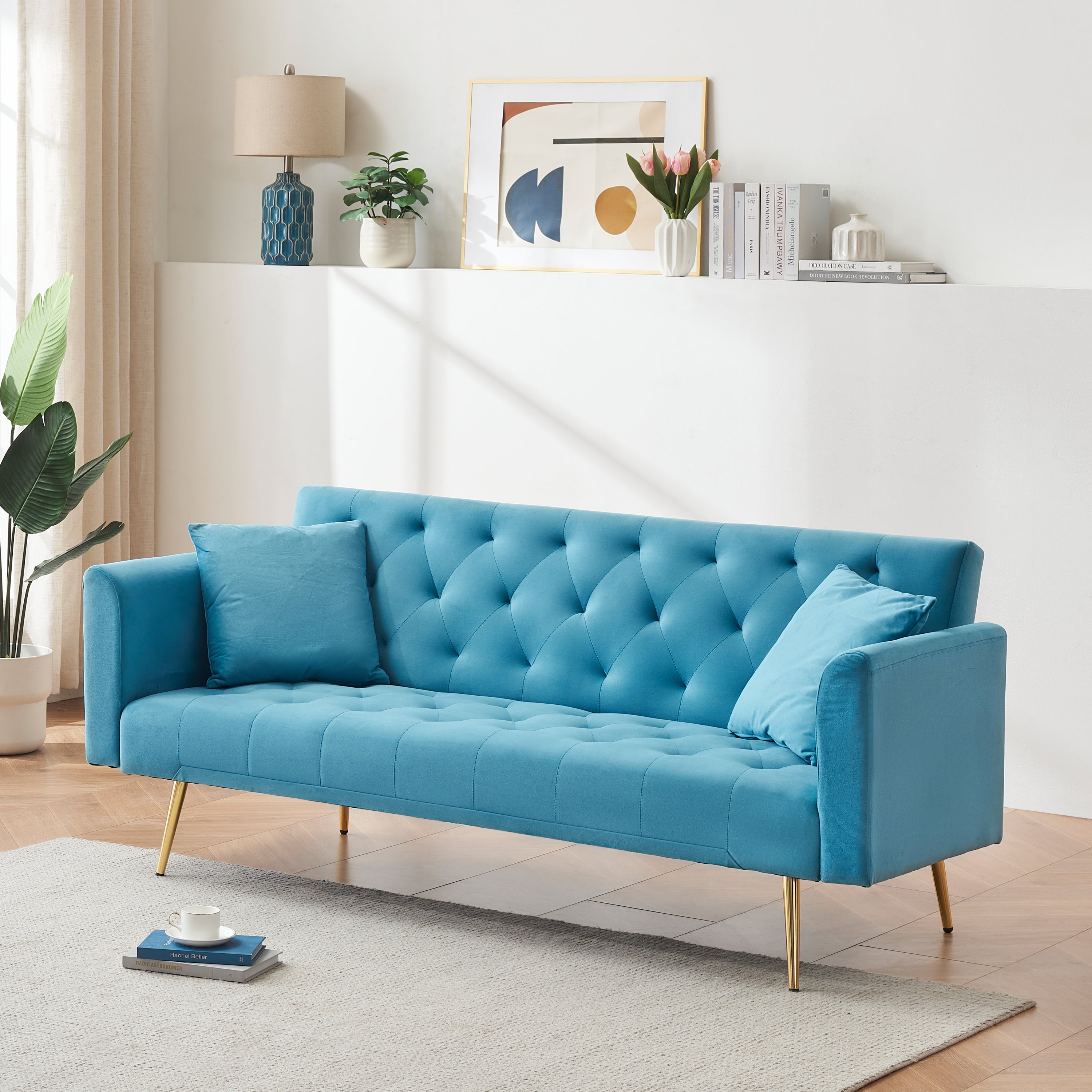 71 inch convertible love seat sofa, American retro, light blue velvet, suitable for small living room, bedroom, office