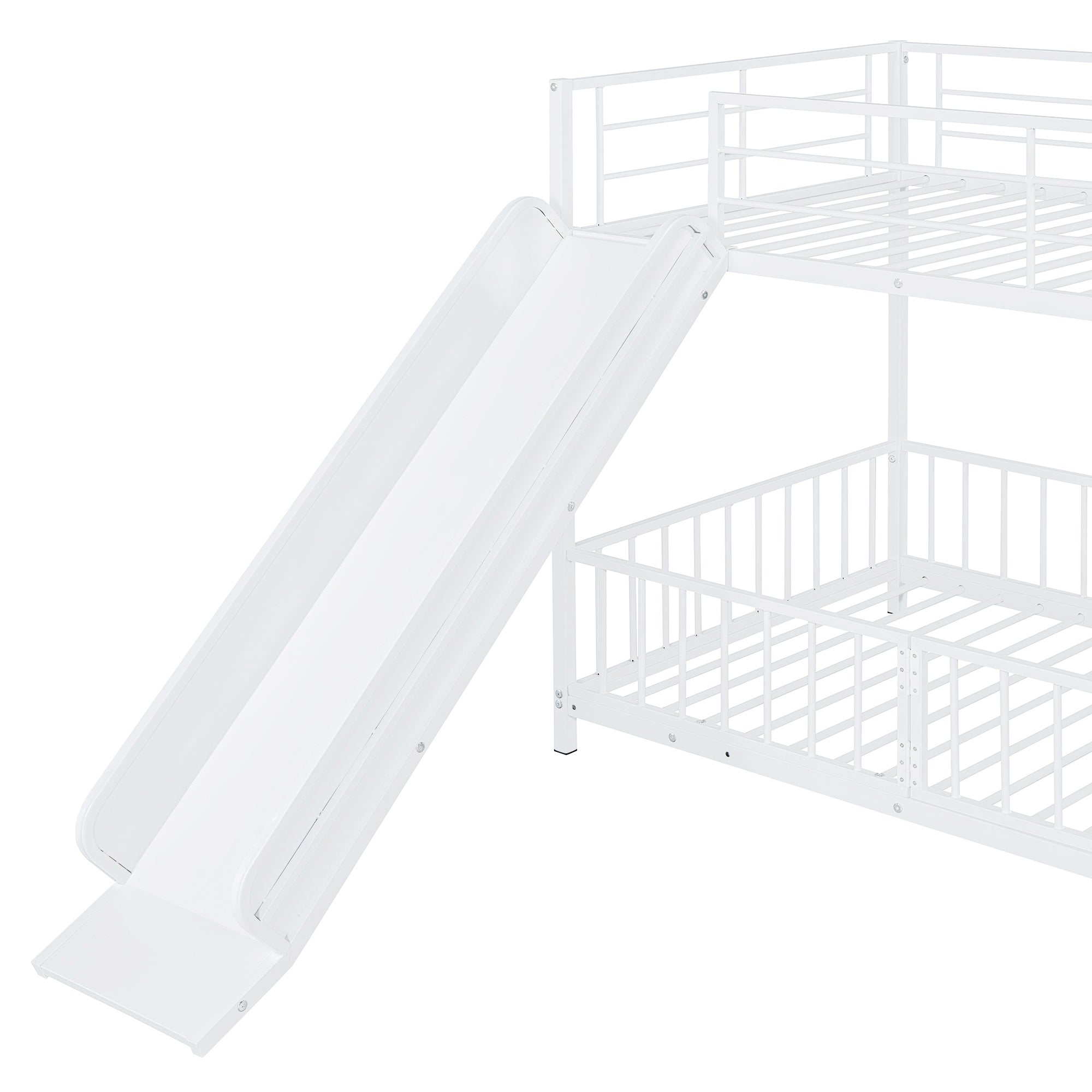 Twin over Twin Size Metal Bunk Bed with Slide and Guardrails, White