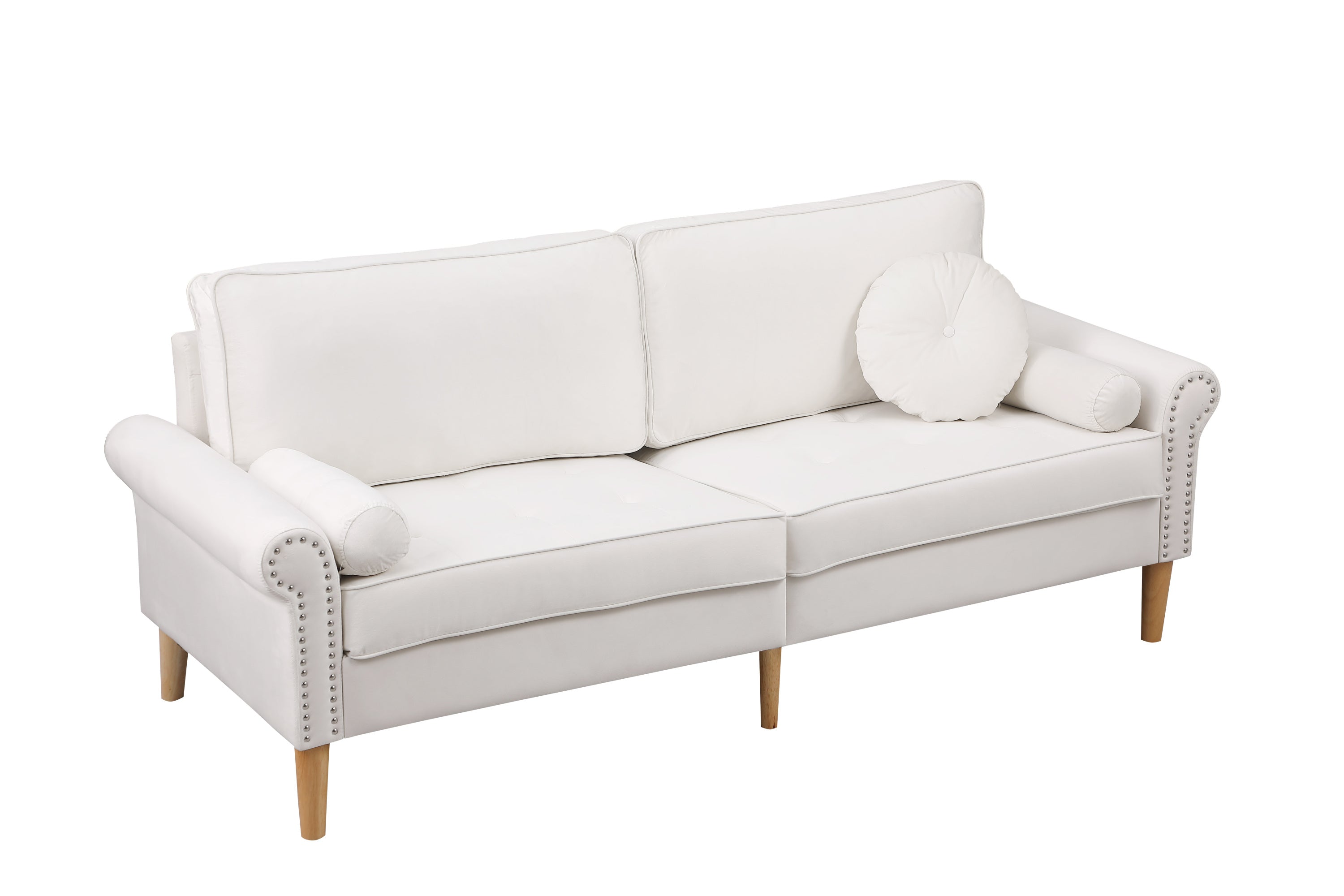 Living Room Sofa,3-Seater Sofa , with  Copper Nail on Arms ,Three Pillow,White