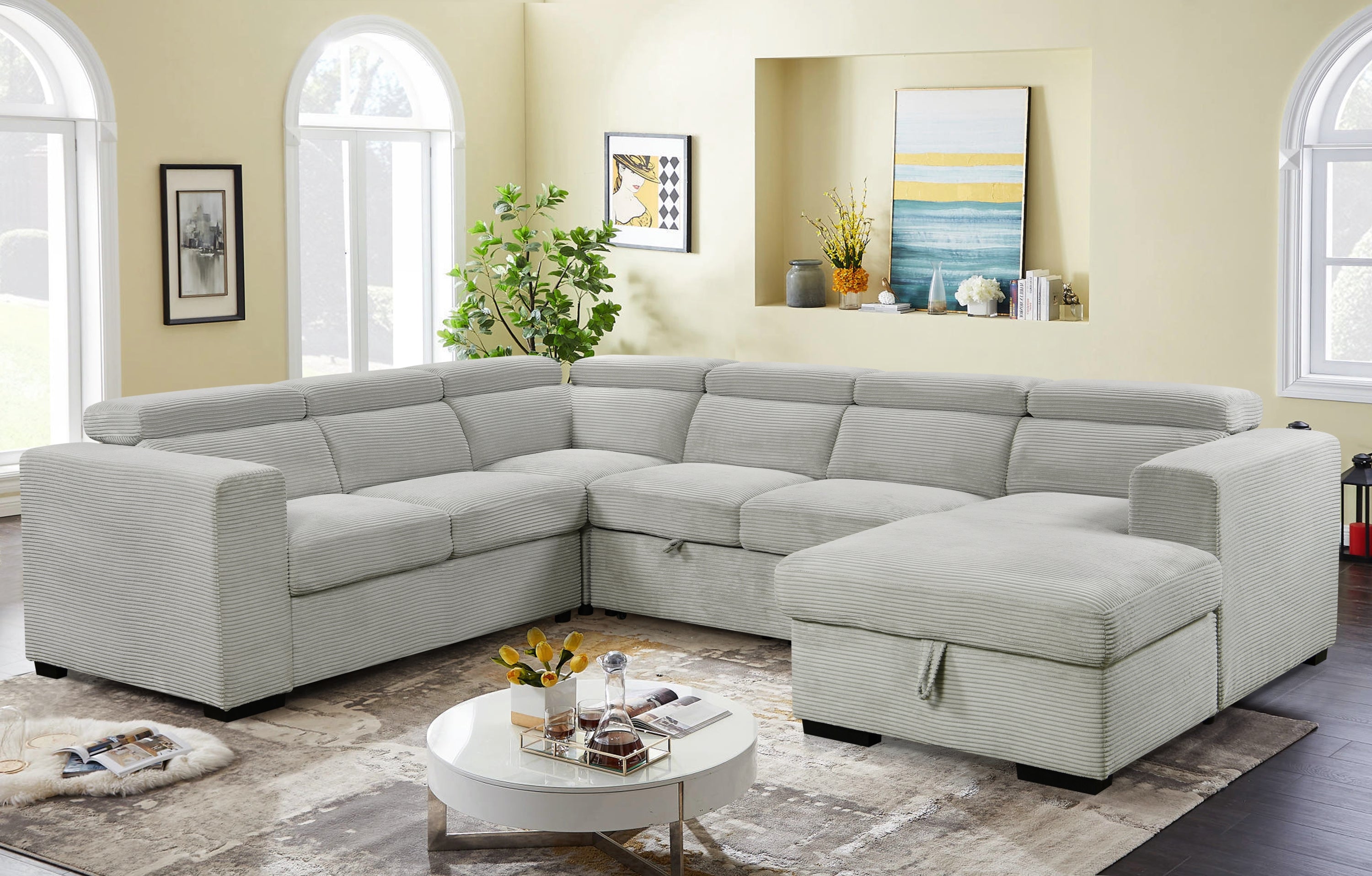 123" Oversized Modern U-Shaped 7-seat Sectional Sofa Couch with Adjustable Headrest, Sofa Bed with Storage Chaise,Pull Out Couch Bed for Living Room ,Light Gray