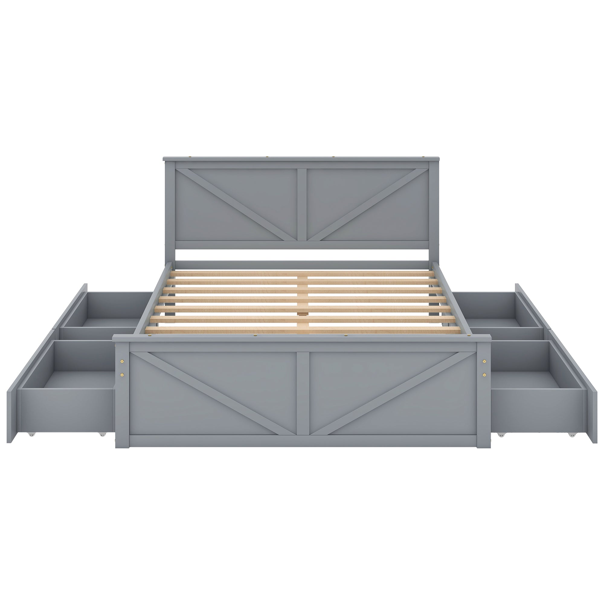 Queen Size Wooden Platform Bed with Four Storage Drawers and Support Legs, Gray