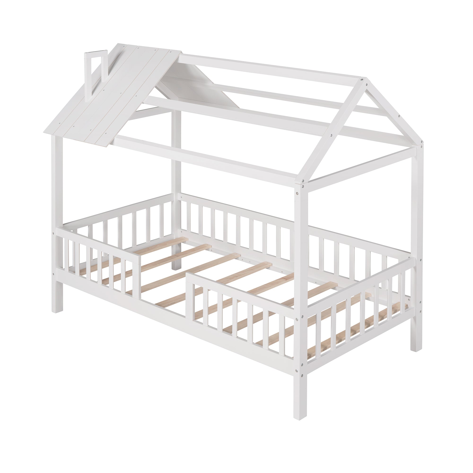 Twin Size Wood House Bed with Fence, White