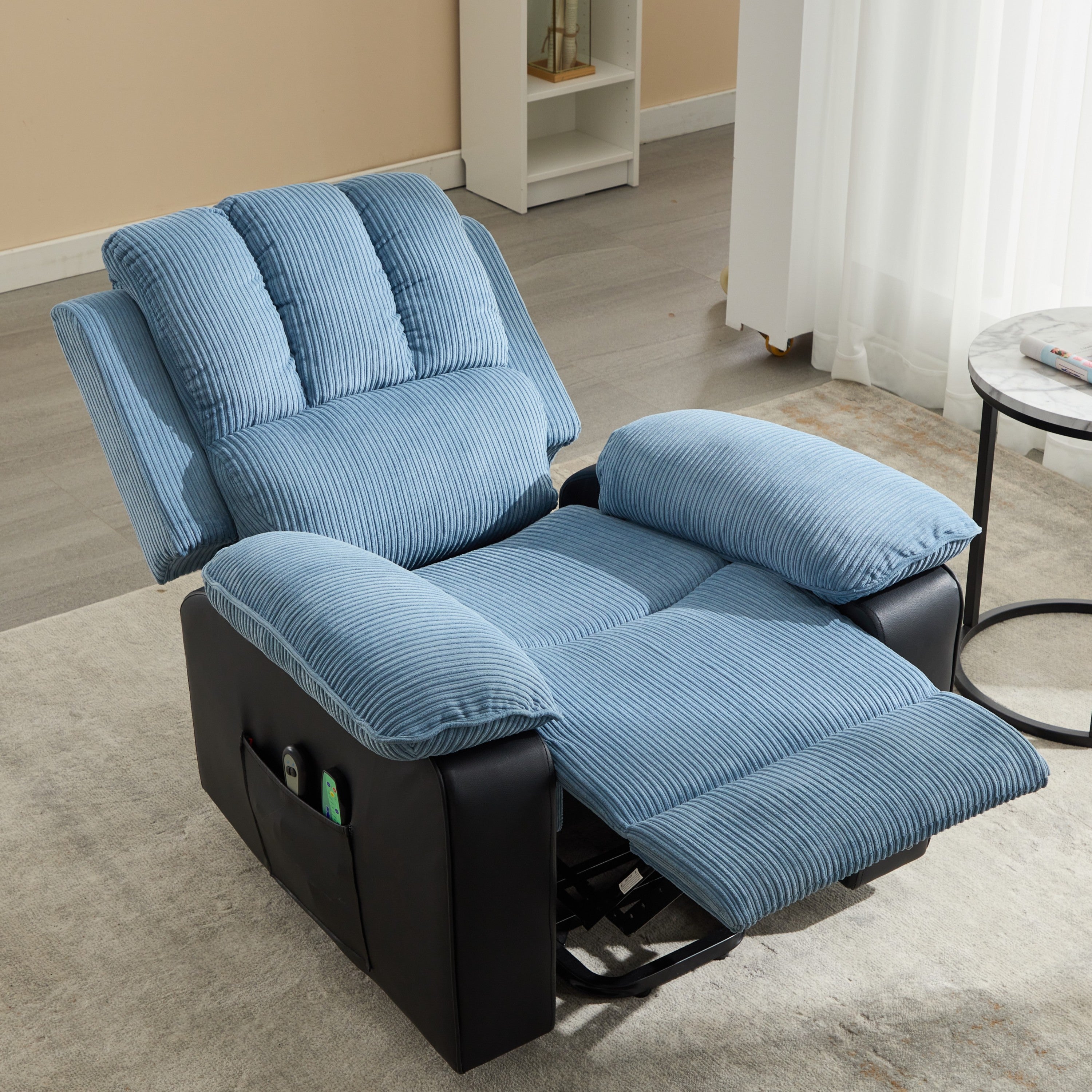 Recliner chair with Heat and Vibrating Massage, Comfy Padded Overstuffed Soft Fabric Heated Recliner (Blue and Black)