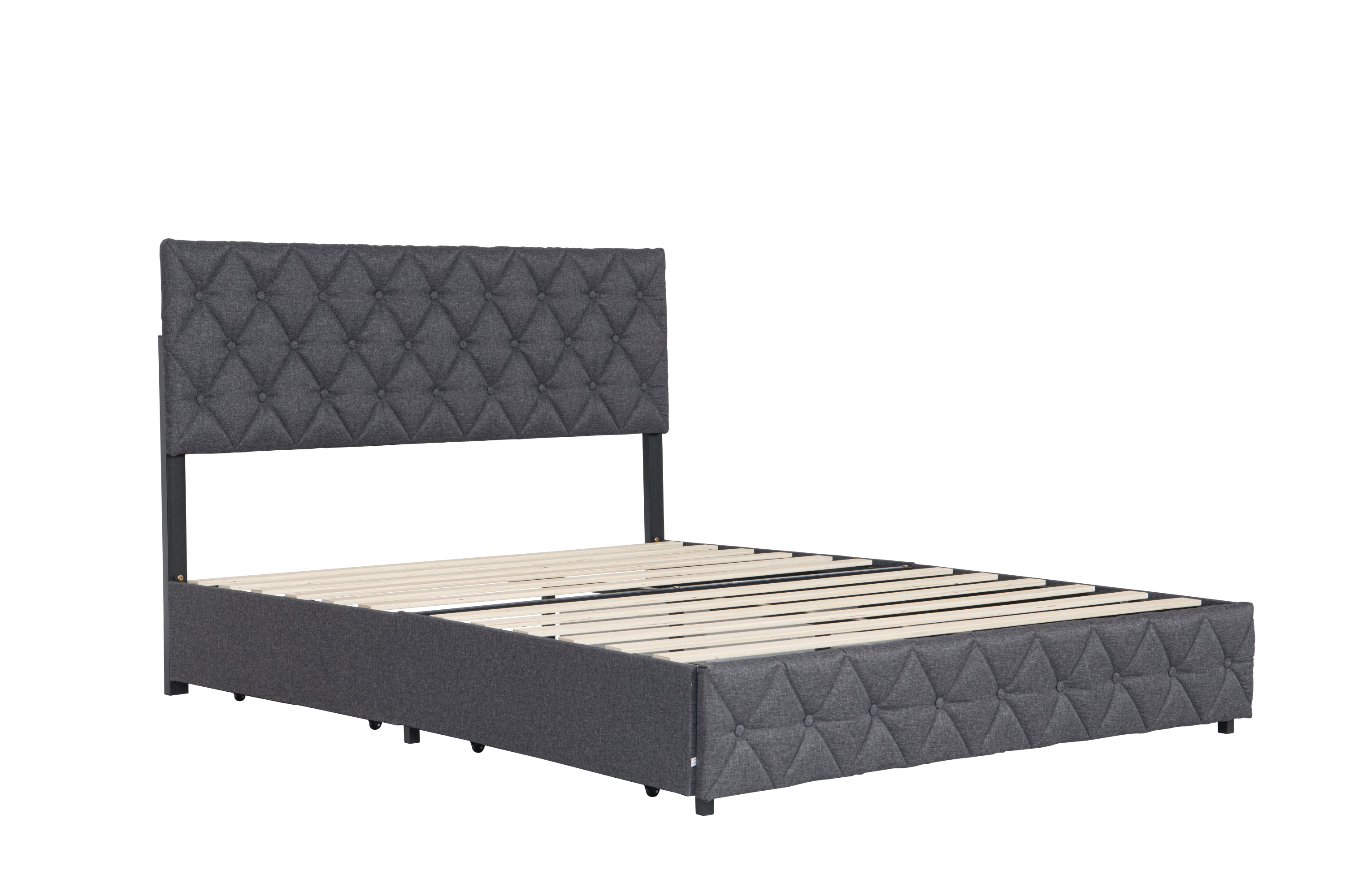 Queen Size Upholstered Platform Bed Frame with 4 Storage Drawers, Adjustable Linen Headboard, Wooden Slats Support, No Box Spring Needed, Easy Assembly,Grey