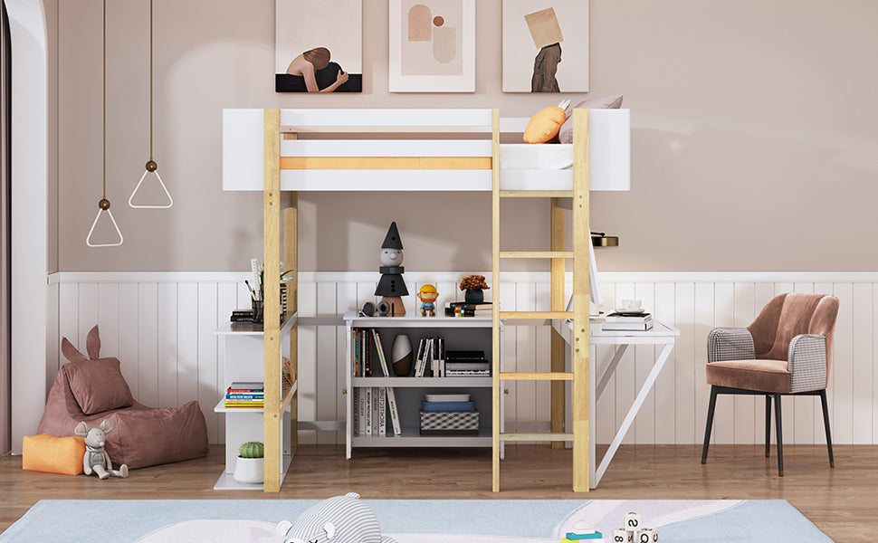 Full Size Wood Loft Bed With Built-in Storage Cabinet and Cubes, Foldable desk, White