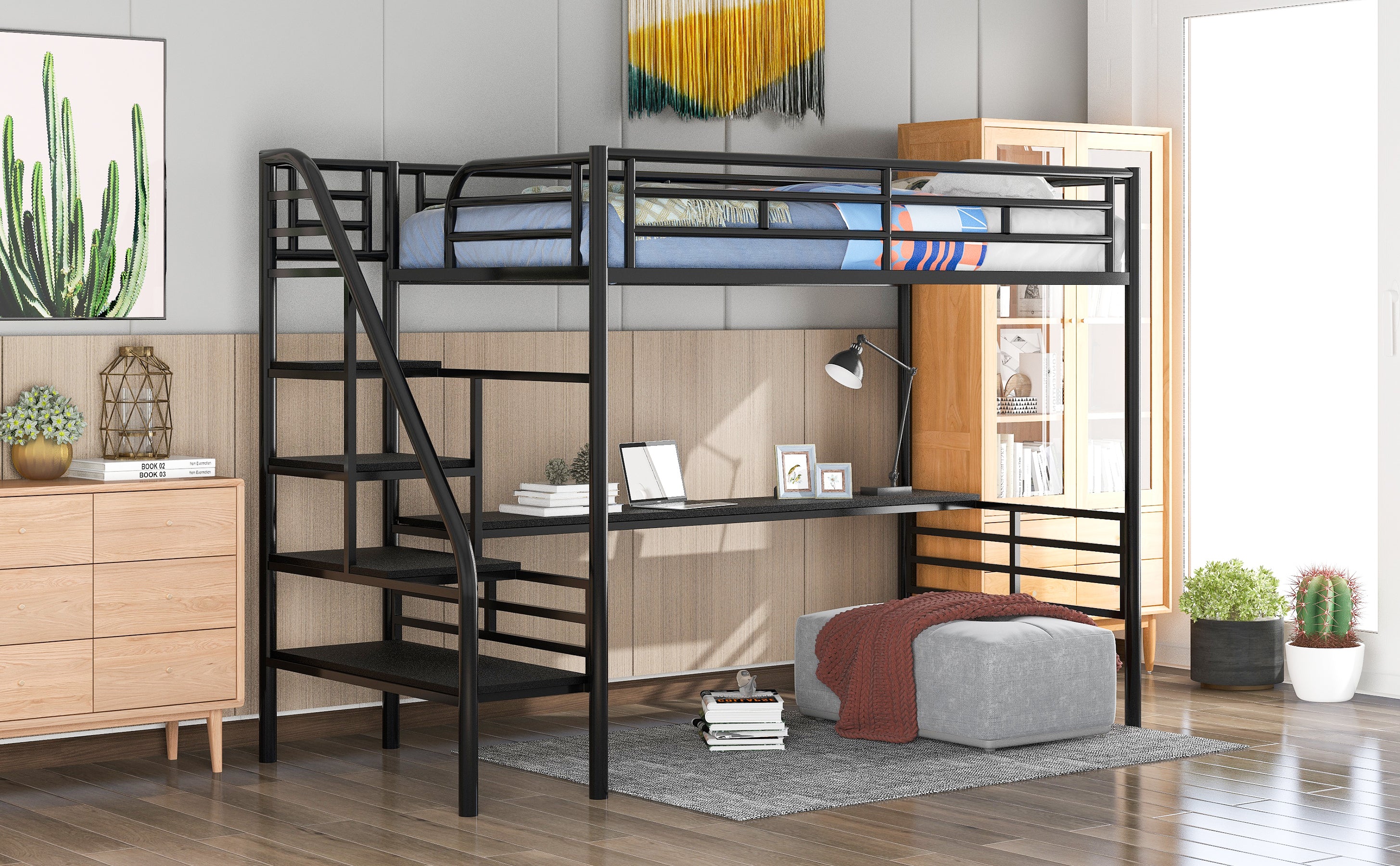 Metal Loft Bed Frame with Desk, No Box Spring Needed,Twin ,Black