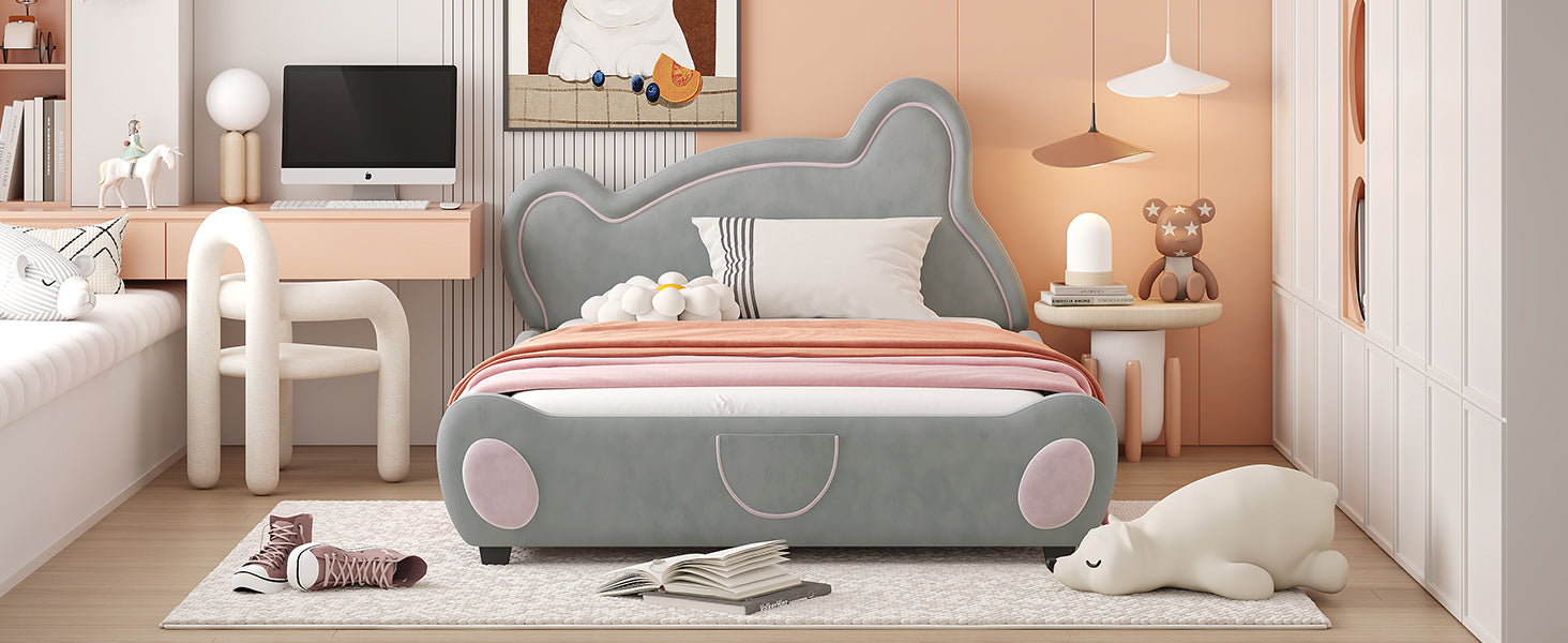 Full Size Velvet Platform Bed with Bear-Shaped Headboard, with Bed-End Storage Pocket, Gray