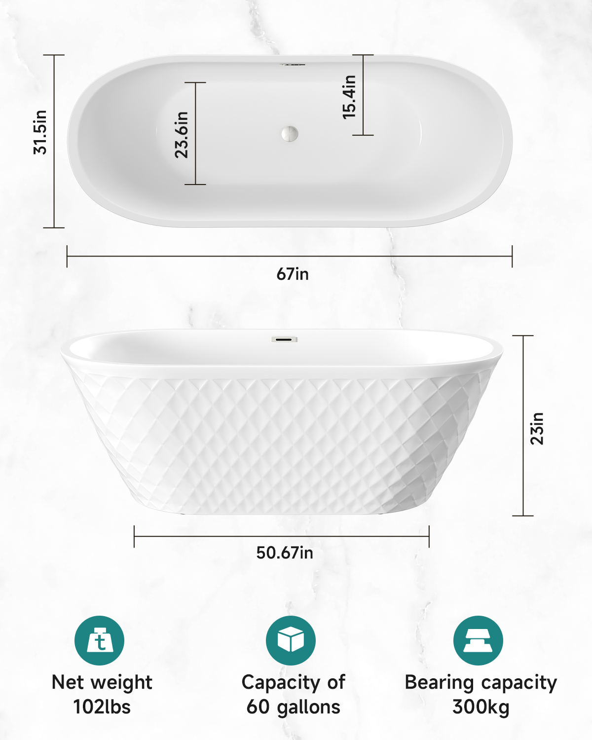 67'' acrylic freestanding bathtub with unique diamond pattern design: spacious oval shape,  Gloss white finish, Chrome overflow and pop-up drain CUPC Certificate