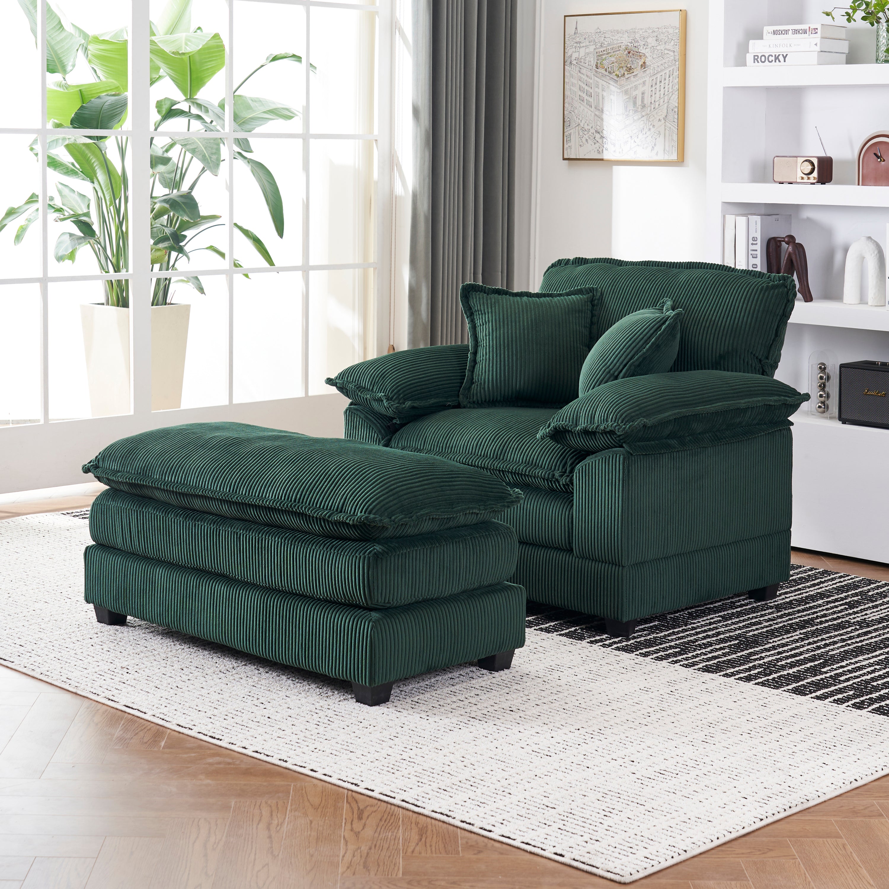 56.3 Inch Corduroy single sofa With  2 toss pillows and a ottoman ,Comfy Sofa- Deep Seat Couch for Living Room