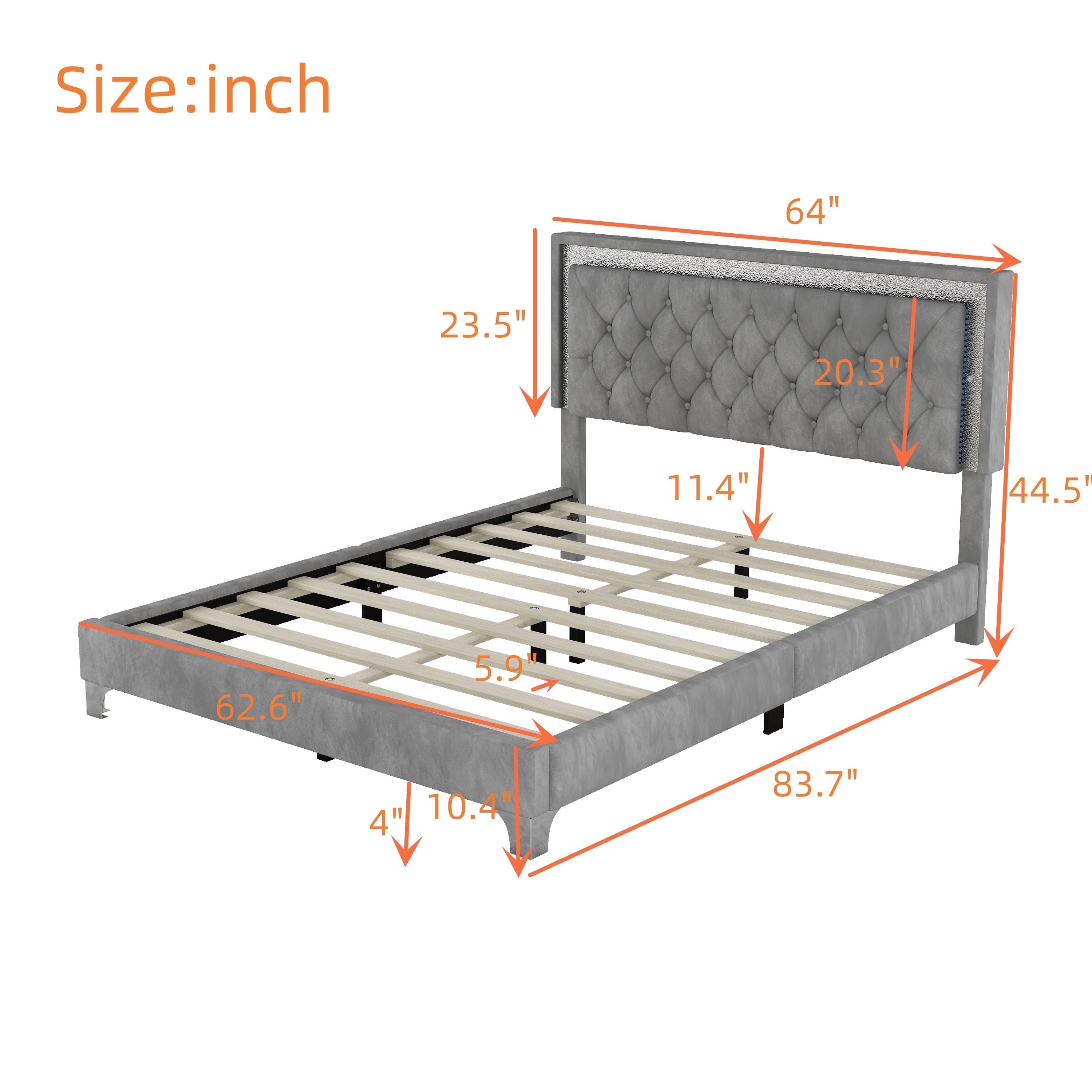 Queen Size Upholstered Bed Frame with LED Lights,Modern Velvet Platform Bed with Tufted Headboard,Gray