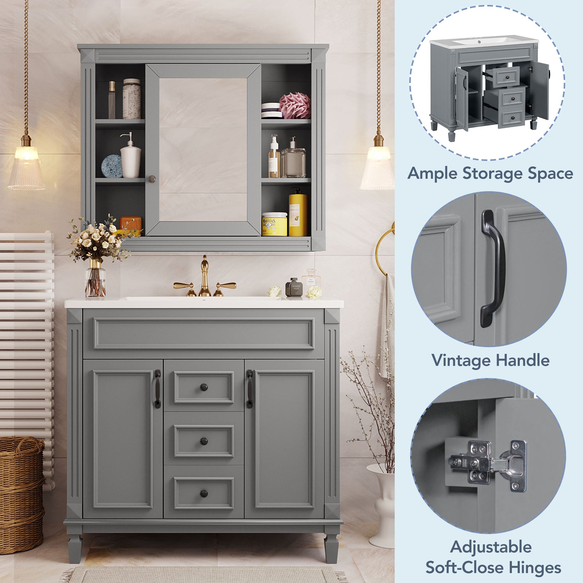 36'' Bathroom Vanity with Top Sink, Grey Mirror Cabinet, Modern Bathroom Storage Cabinet with 2 Soft Closing Doors and 2 Drawers, Single Sink Bathroom Vanity