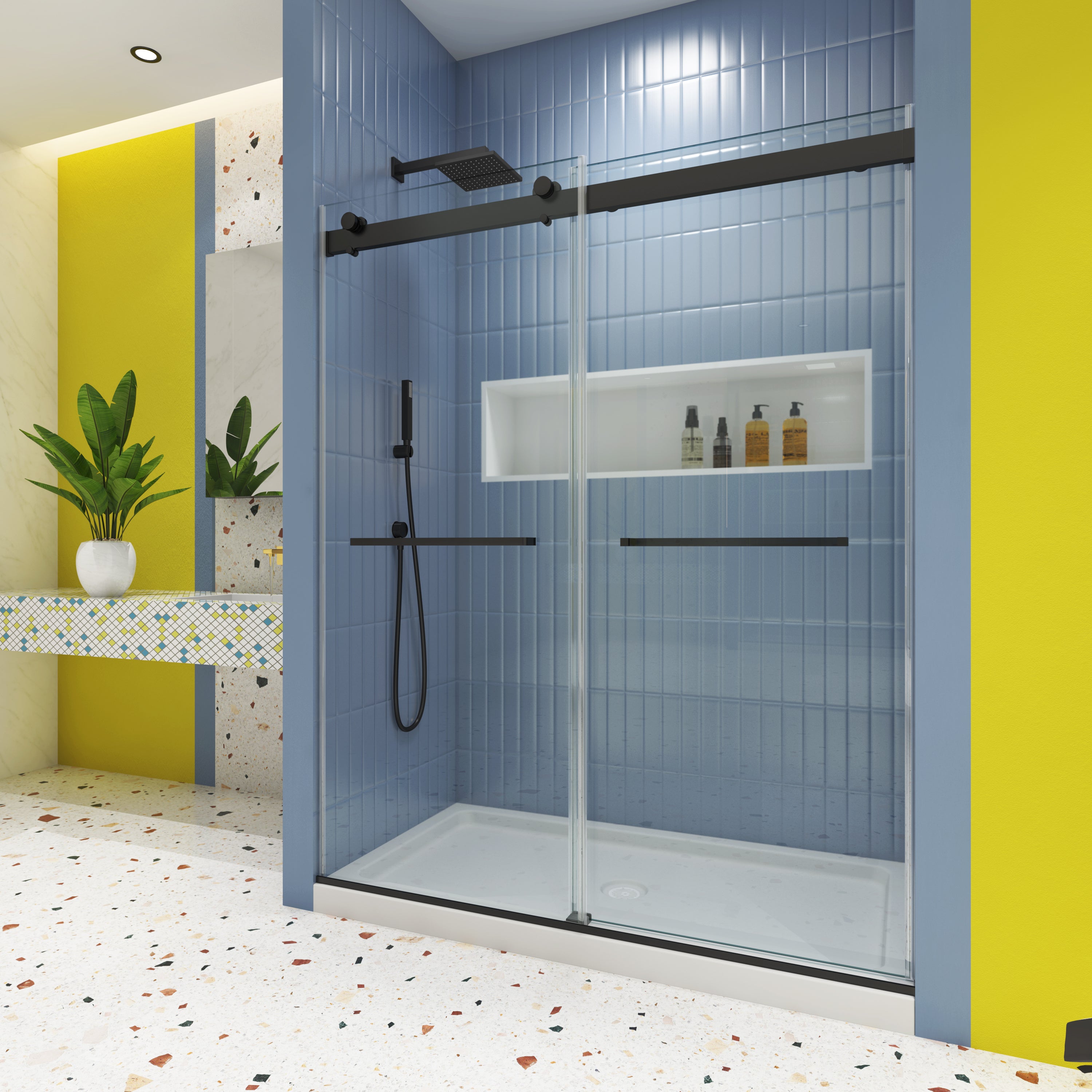 Sliding shower door glass and hardware detail