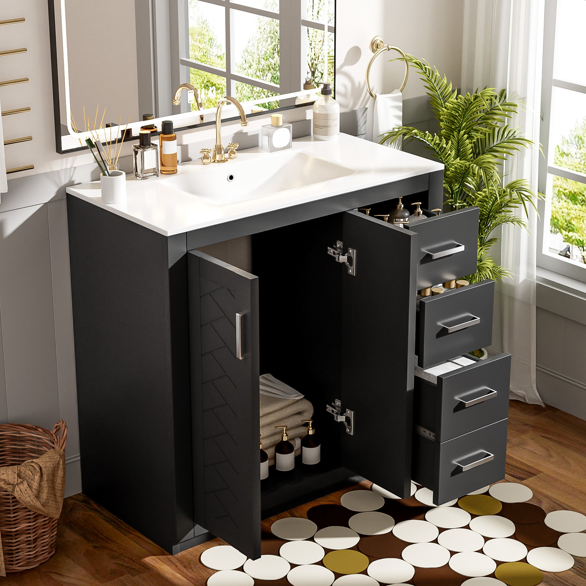 36 inch bathroom vanity with 3 drawers and soft-closing doors open, storage view