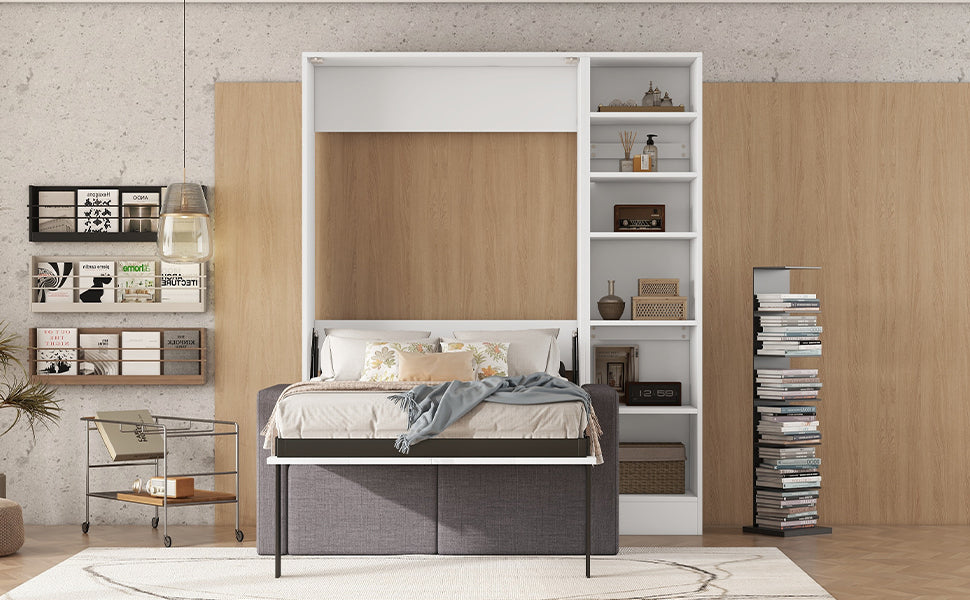 Twin Size Murphy Bed Wall Bed with Sofa,with Shelves,White