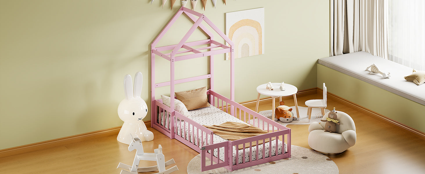 Wooden Floor Bed with Fence Railings and Detachable House Shape Headboard, Twin Size Bed with Kids Dress Up Rack, Kids Montessori Style Playhouse Frame for Girls Boys, Pink