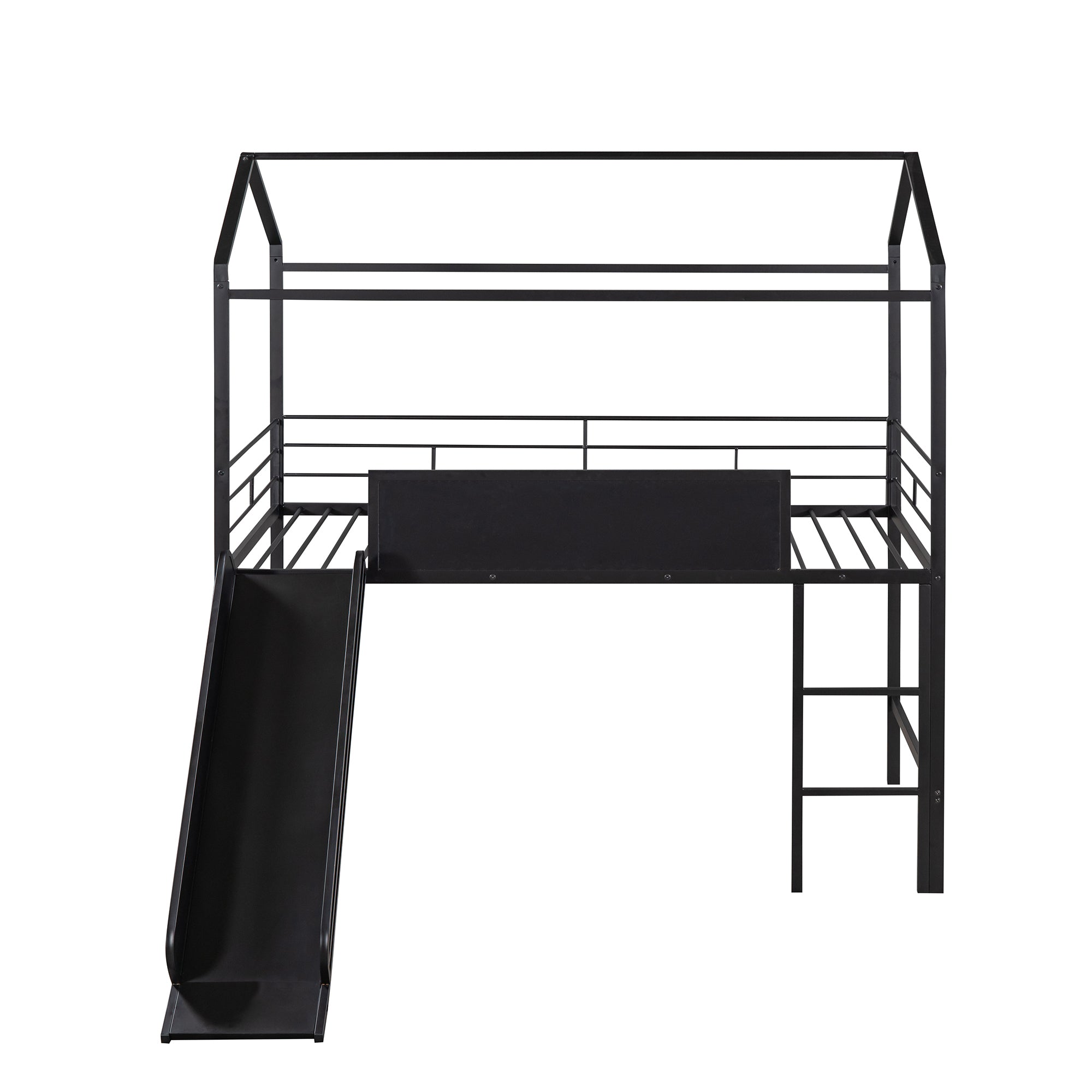 Metal House Bed With Slide, Twin Size Metal Loft Bed with Two-sided writable Wooden Board (Black )