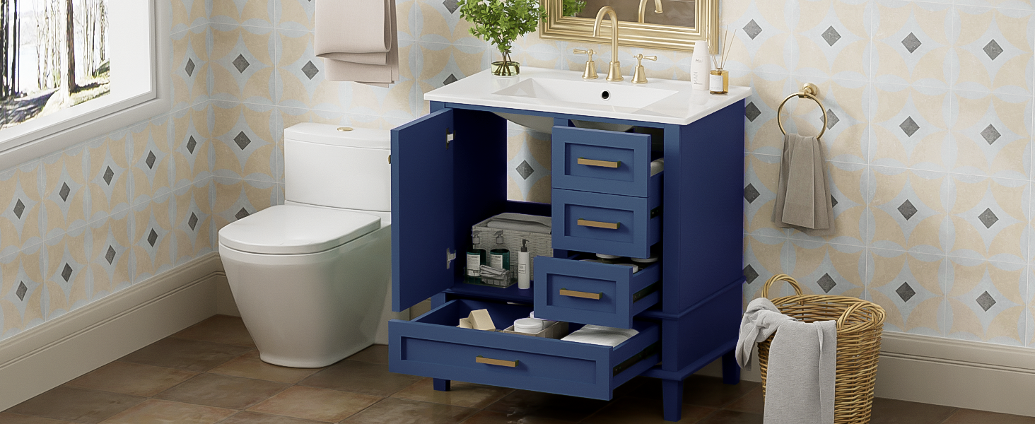 30" Bathroom Vanity , Modern Bathroom Cabinet with Sink Combo Set, Bathroom Storage Cabinet with a Soft Closing Door and 3 Drawers, Solid Wood Frame(Blue)