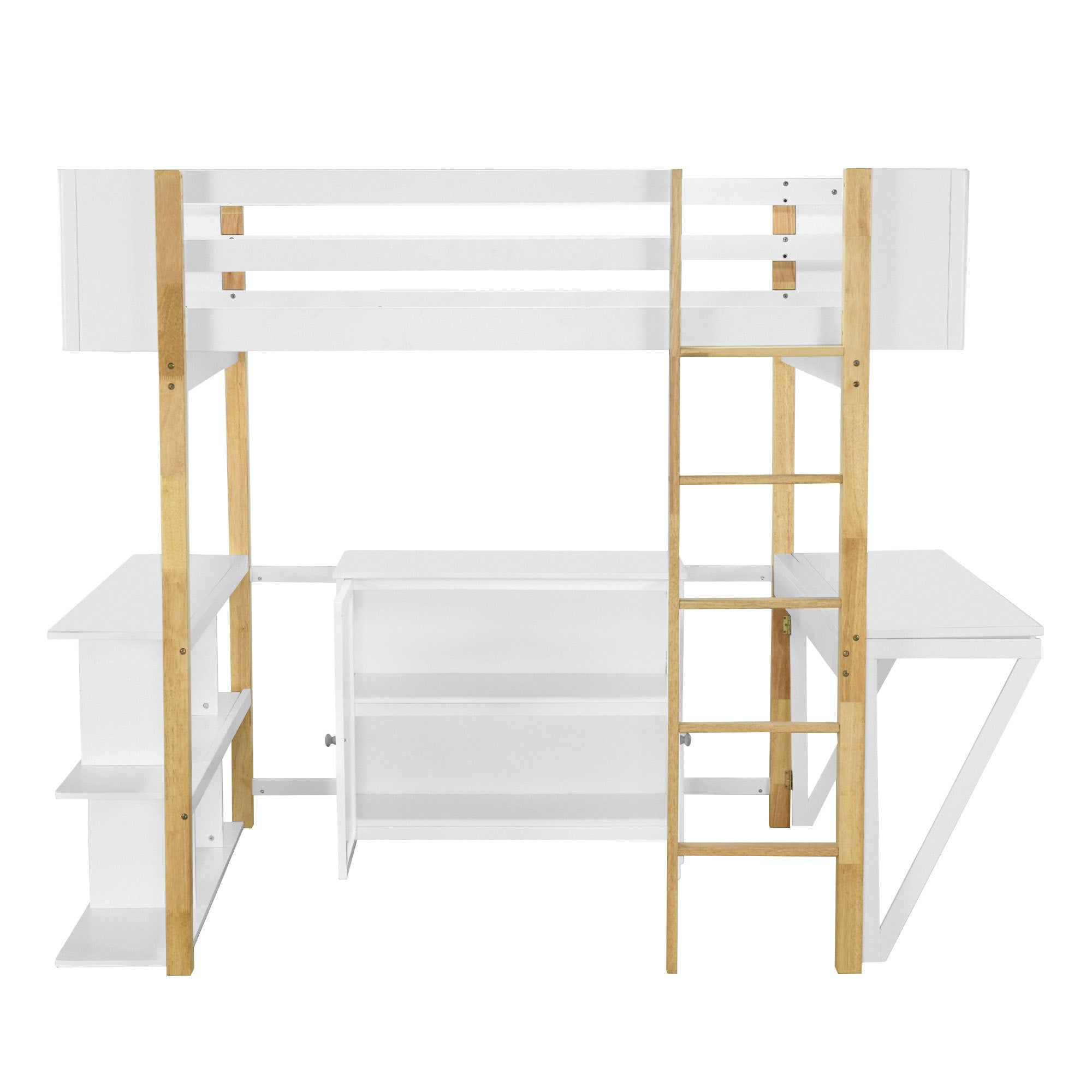 Full Size Wood Loft Bed With Built-in Storage Cabinet and Cubes, Foldable desk, White