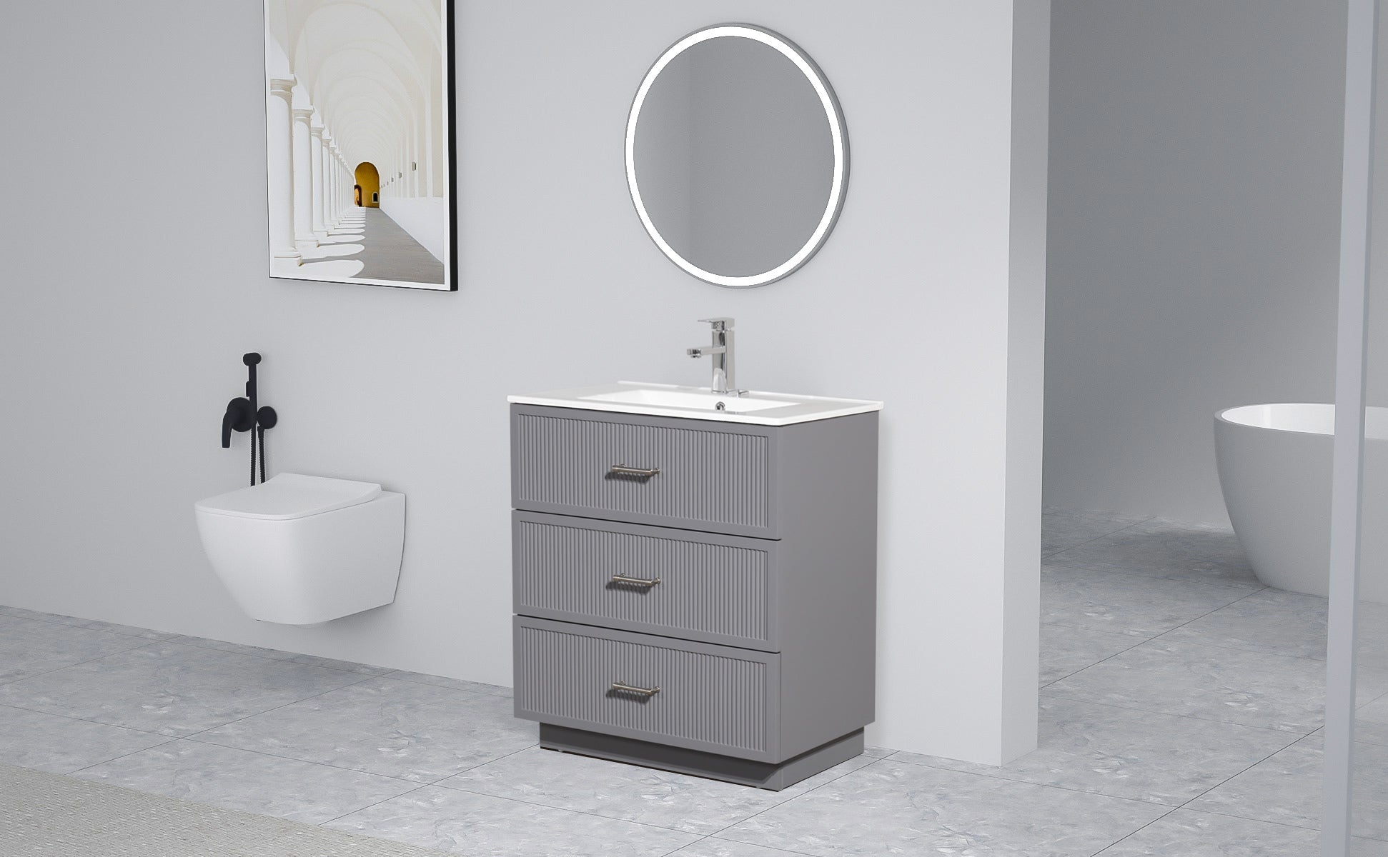 30 Inch Bathroom Vanity with Ceramic Sink  Combo Set, Modern Freestanding Bathroom Storage Cabinet with 2 Drawers, Floor Standing Bath Vanity, Gray