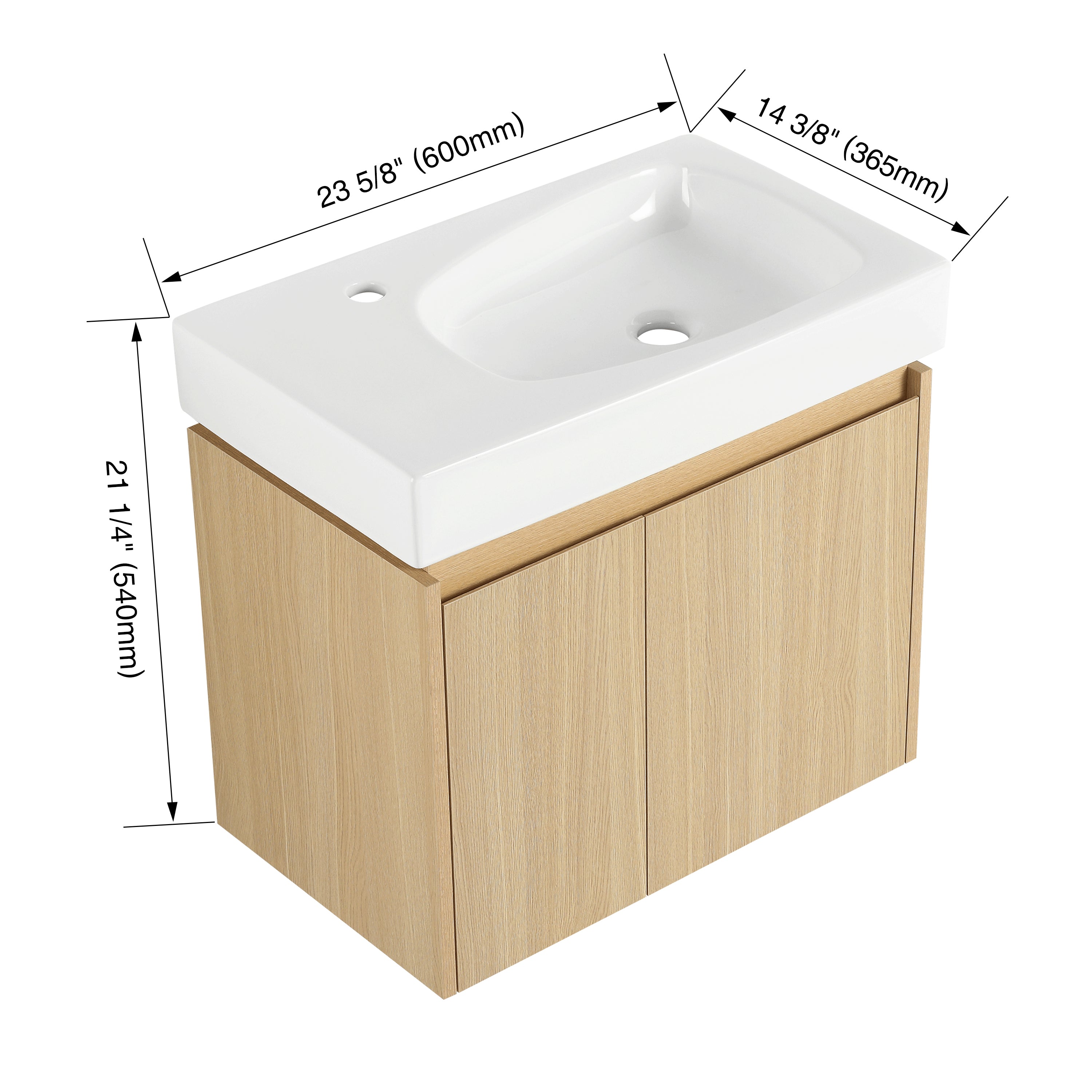 24 Inch Bathroom Vanity with Ceramic Basin, Wall Mounted Floating Vanity Sink Combo, Wooden Storage Cabinet with Double Doors for Bathroom,Oak