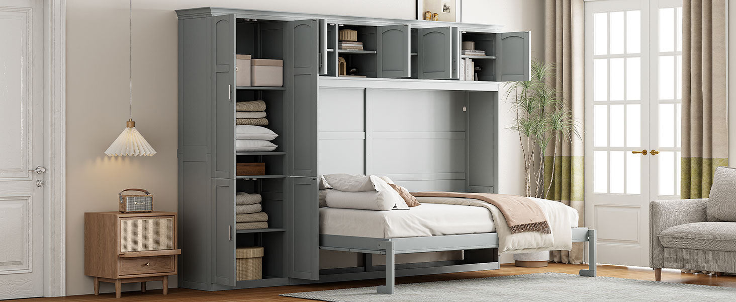 Queen Size Murphy Bed Wall Bed with Cabinets,Gray