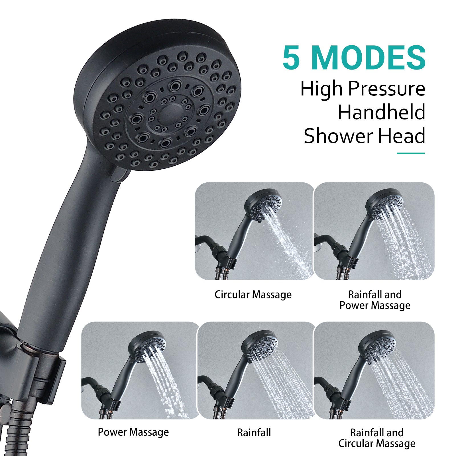 5 Mode Adjustable Settings Handheld Shower Head with Hose High Pressure Shower Heads