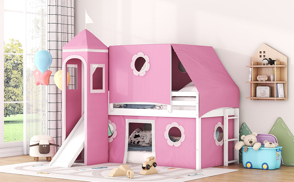 Twin Size Loft Bed with Slide Pink Tent and Tower - Pink